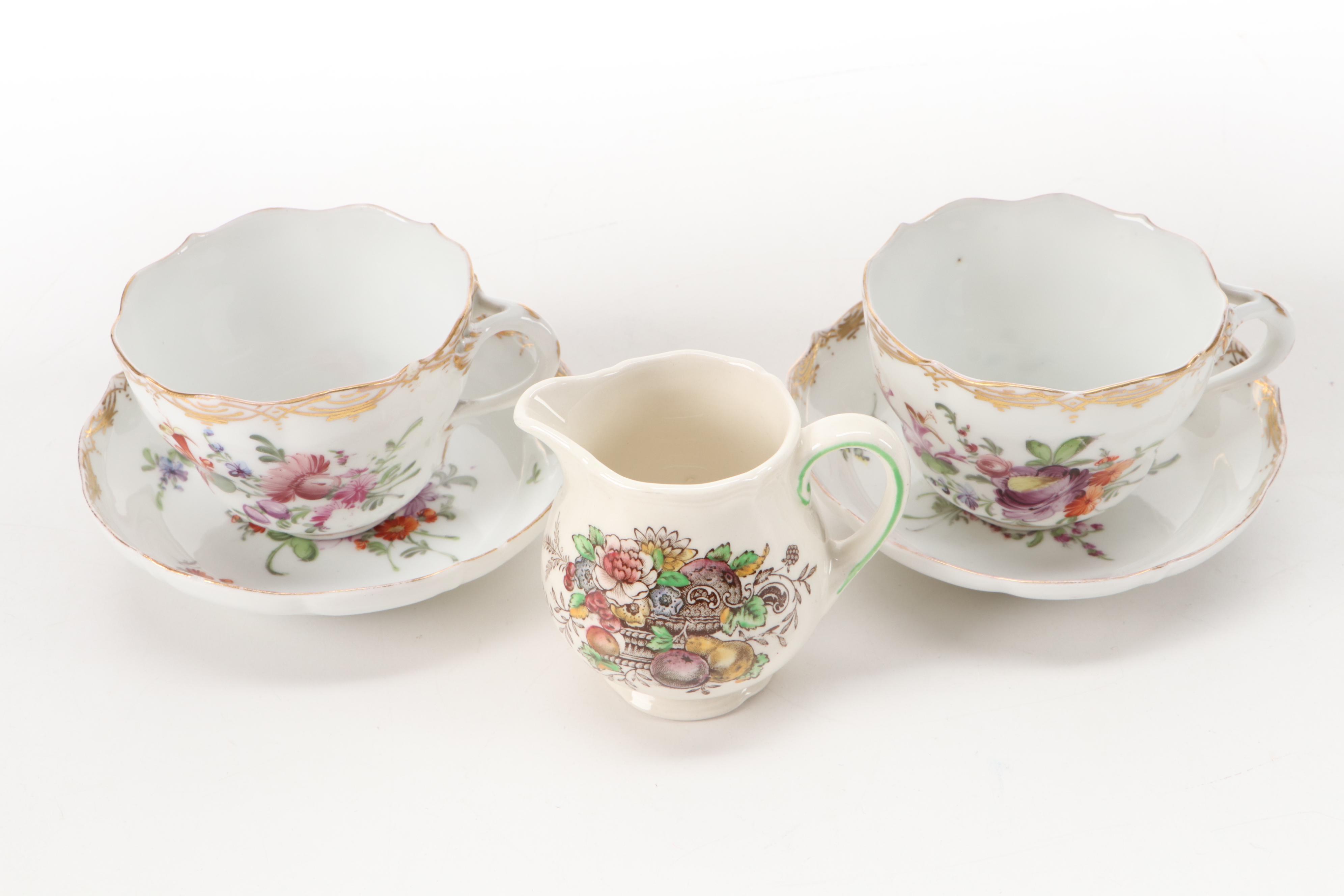 Samson Porcelain Teacups with Dresden Style Pot de Cremes and Other Tableware