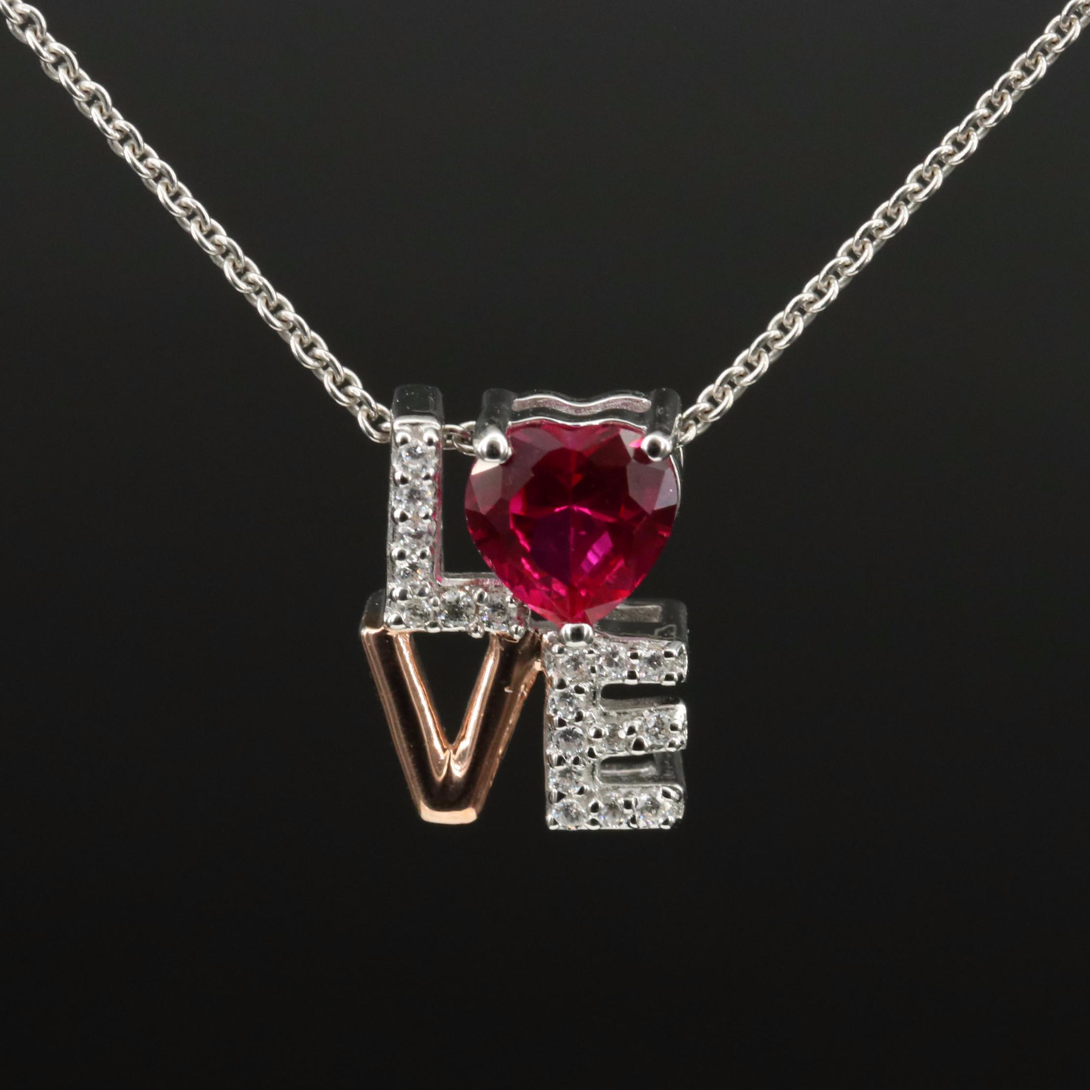 Sterling Ruby and Cubic Zirconia "Love" Necklace
