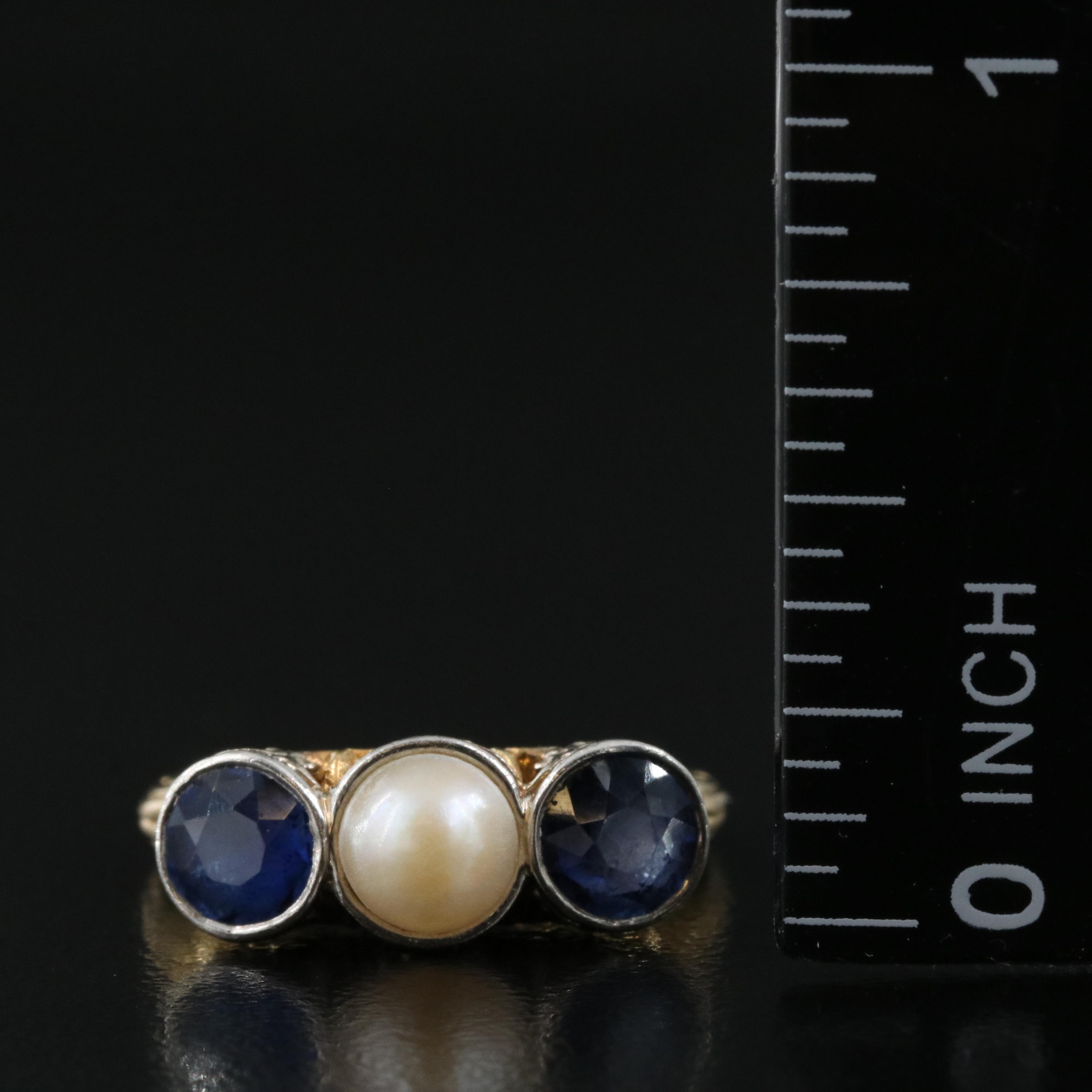 18K Pearl and Sapphire Ring with Platinum Bezels