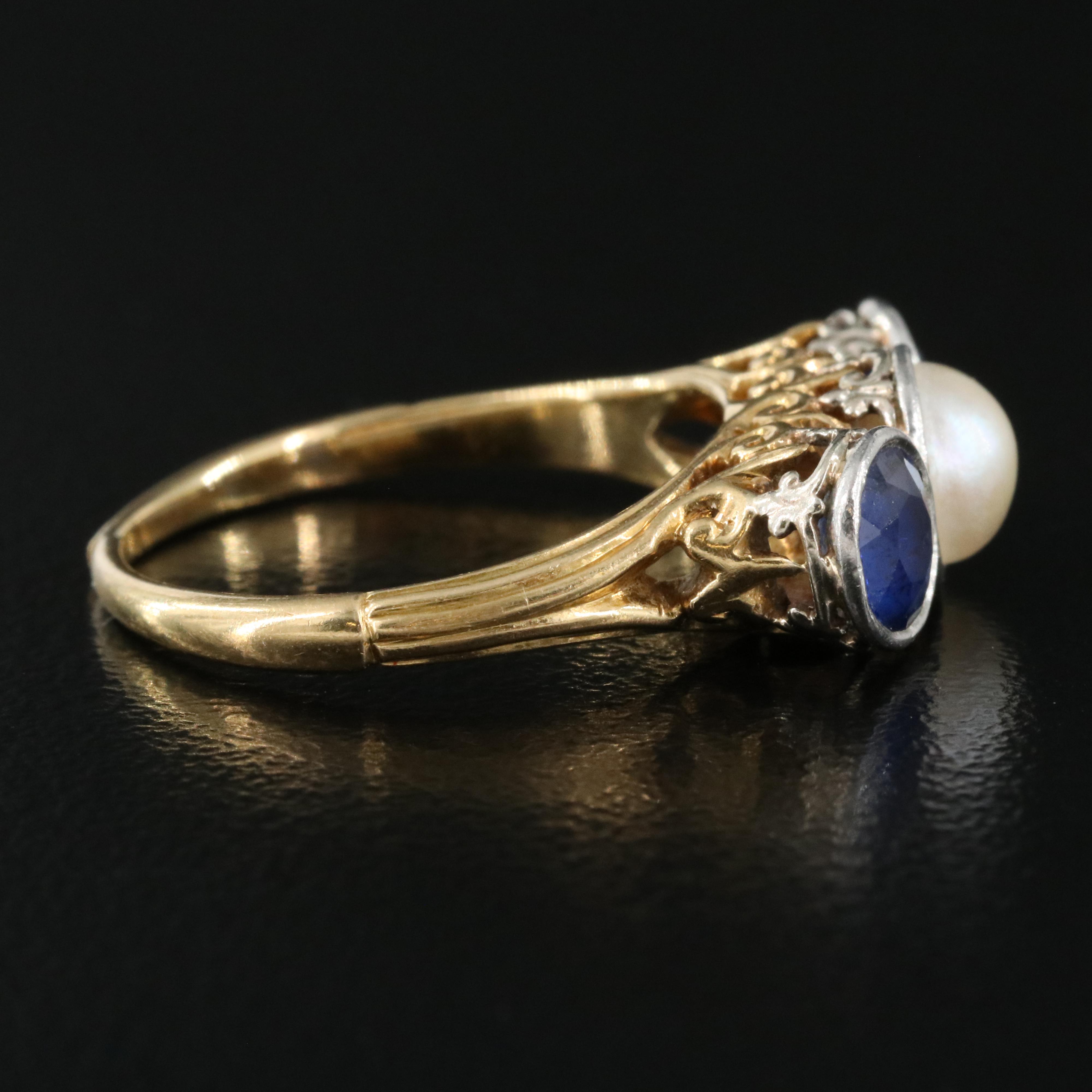 18K Pearl and Sapphire Ring with Platinum Bezels