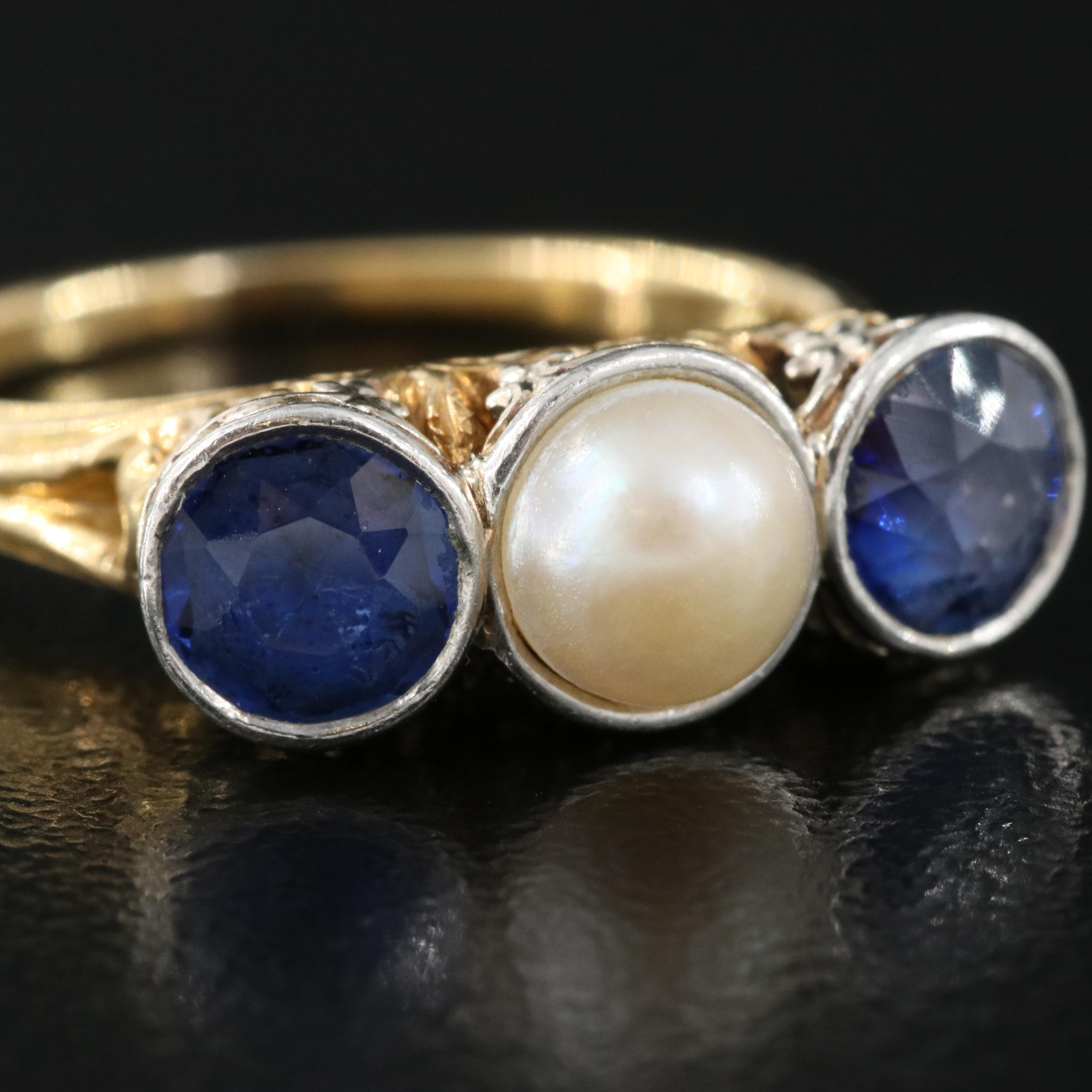 18K Pearl and Sapphire Ring with Platinum Bezels