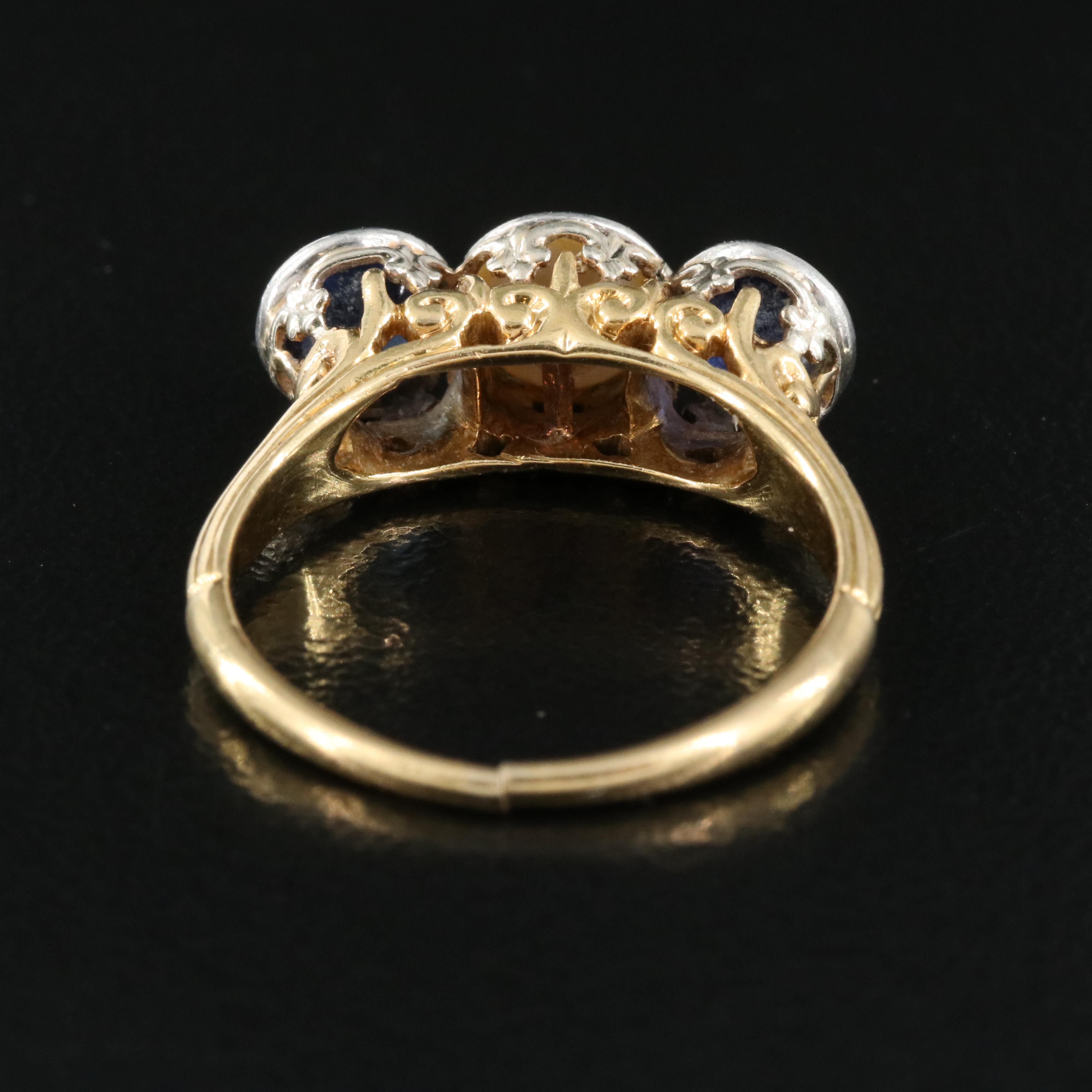 18K Pearl and Sapphire Ring with Platinum Bezels