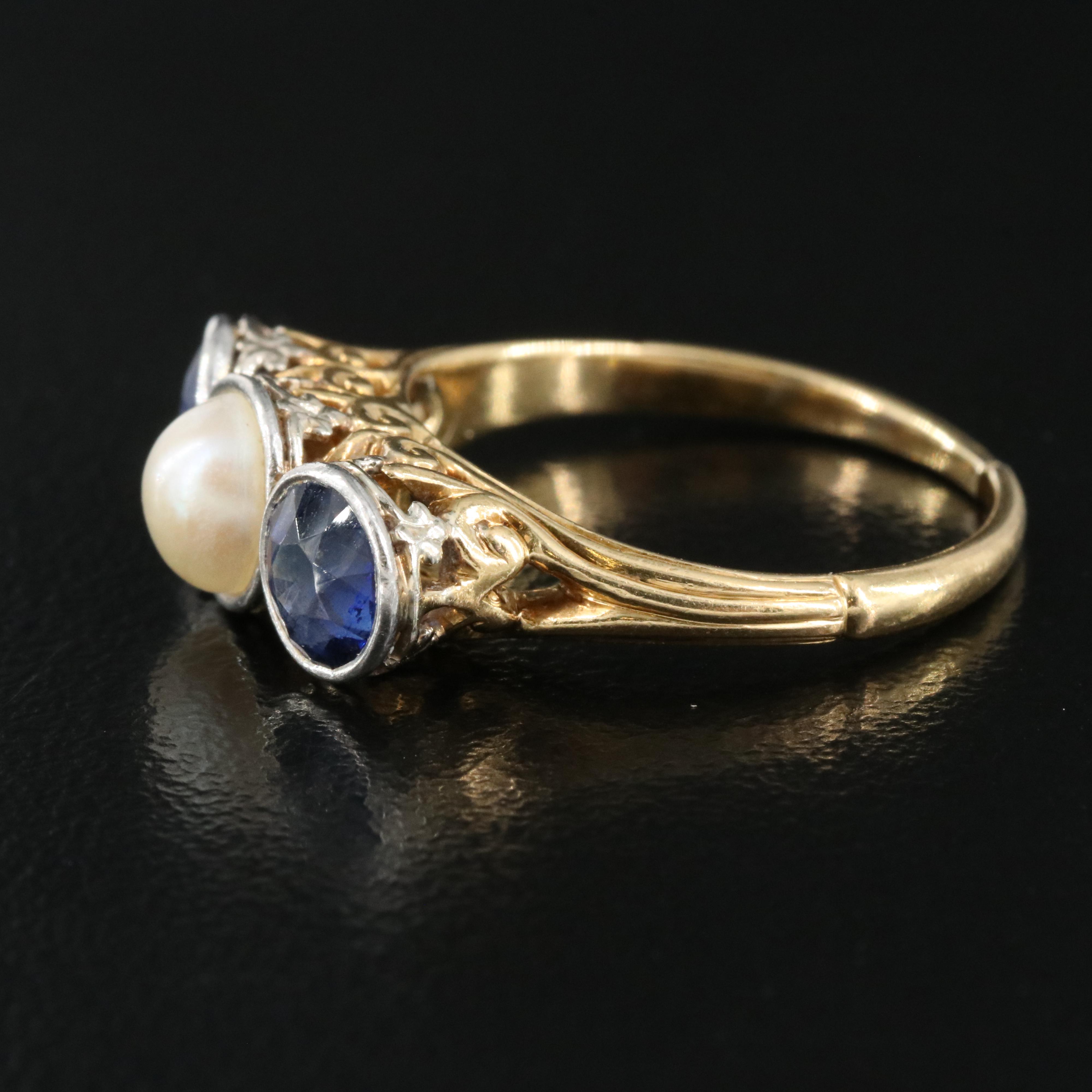 18K Pearl and Sapphire Ring with Platinum Bezels