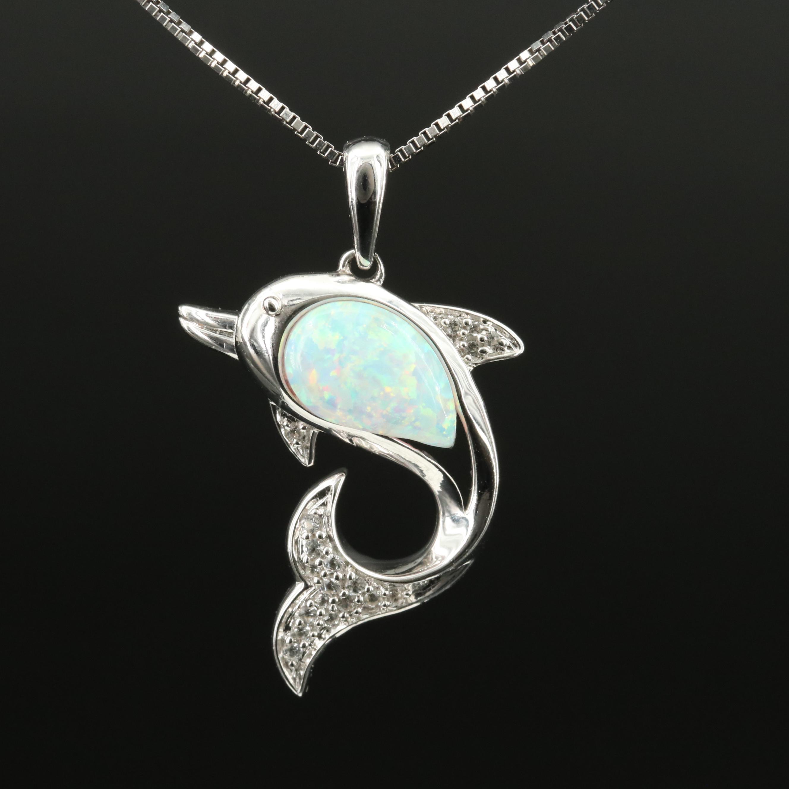 Sterling Opal and Sapphire Dolphin Pendant Necklace