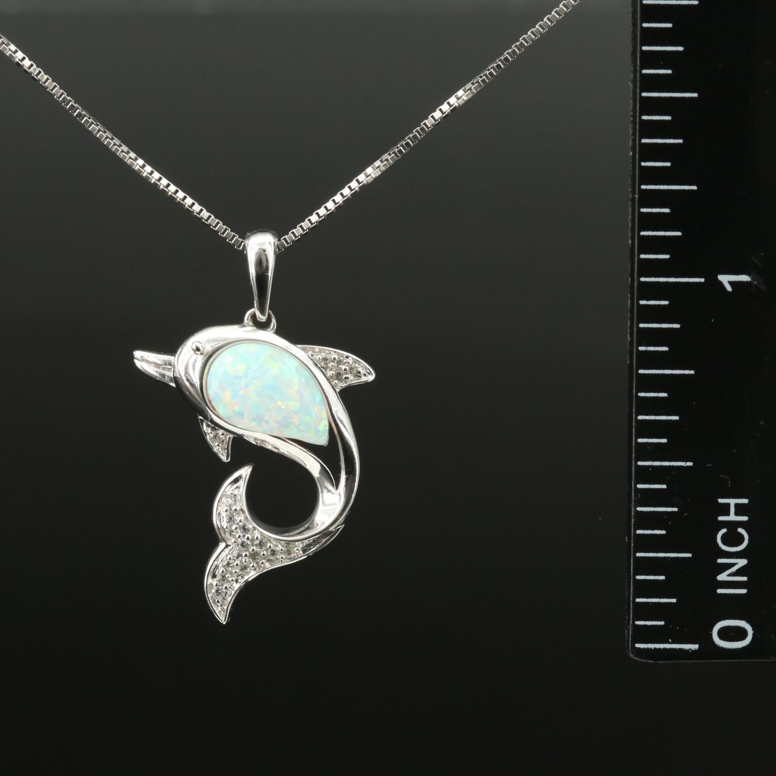 Sterling Opal and Sapphire Dolphin Pendant Necklace