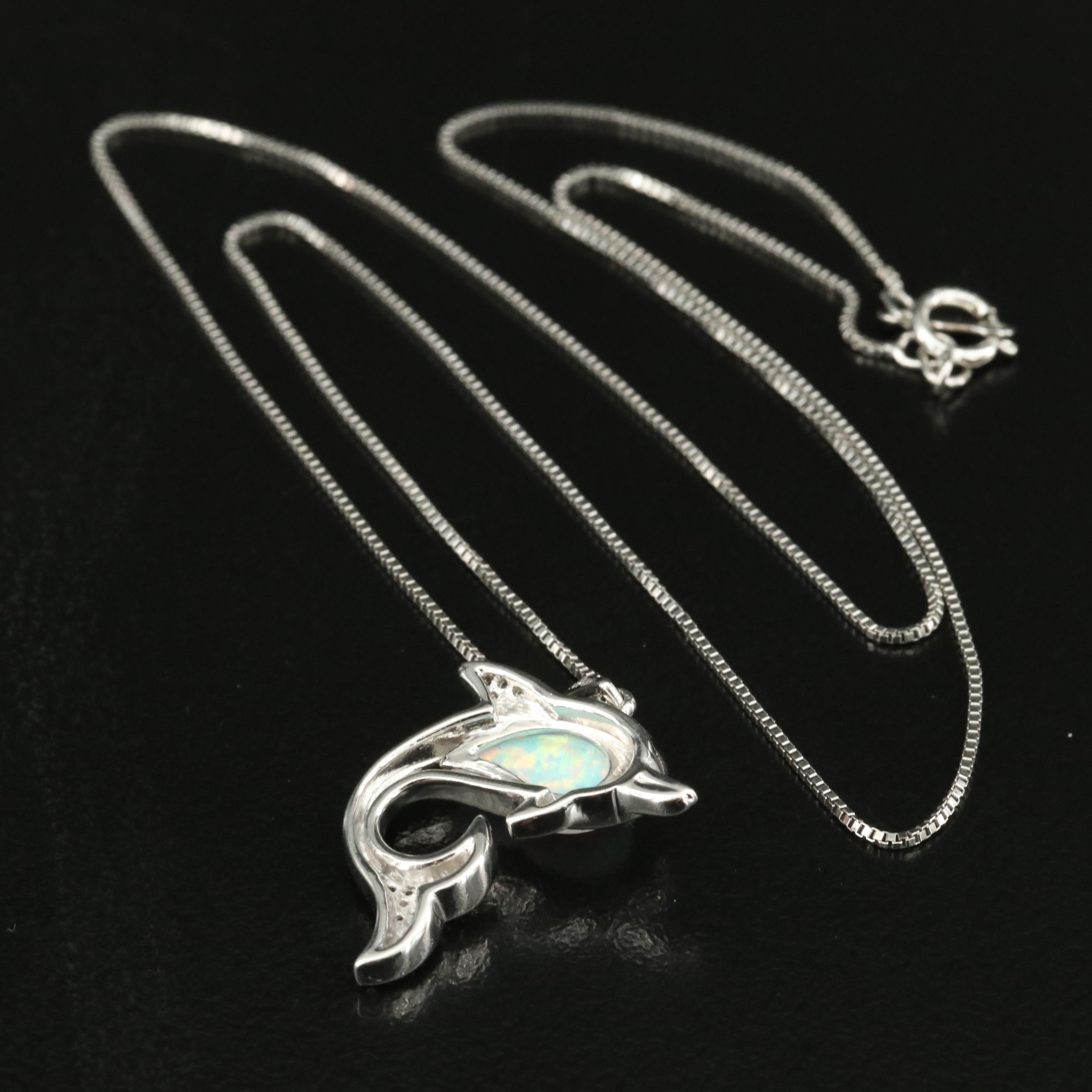 Sterling Opal and Sapphire Dolphin Pendant Necklace