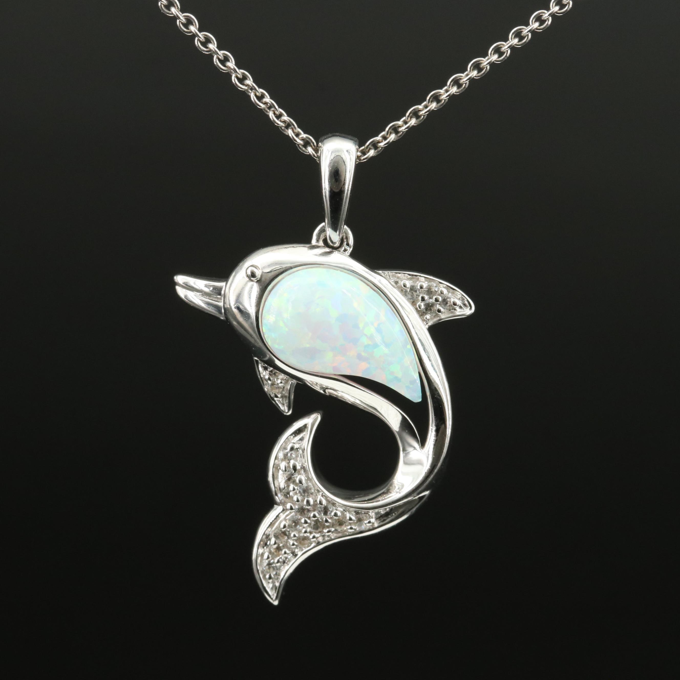 Sterling Opal and Sapphire Dolphin Pendant Necklace