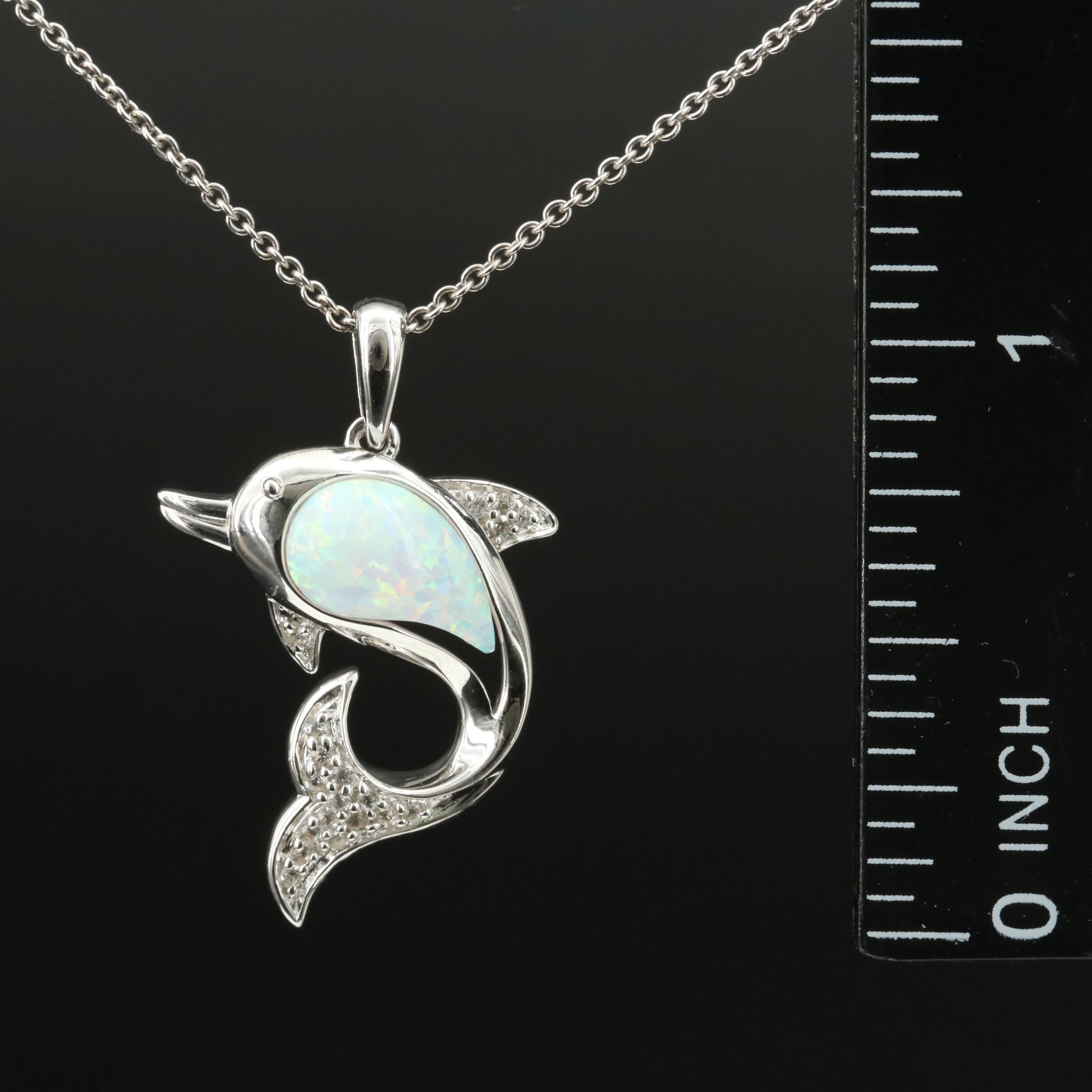 Sterling Opal and Sapphire Dolphin Pendant Necklace