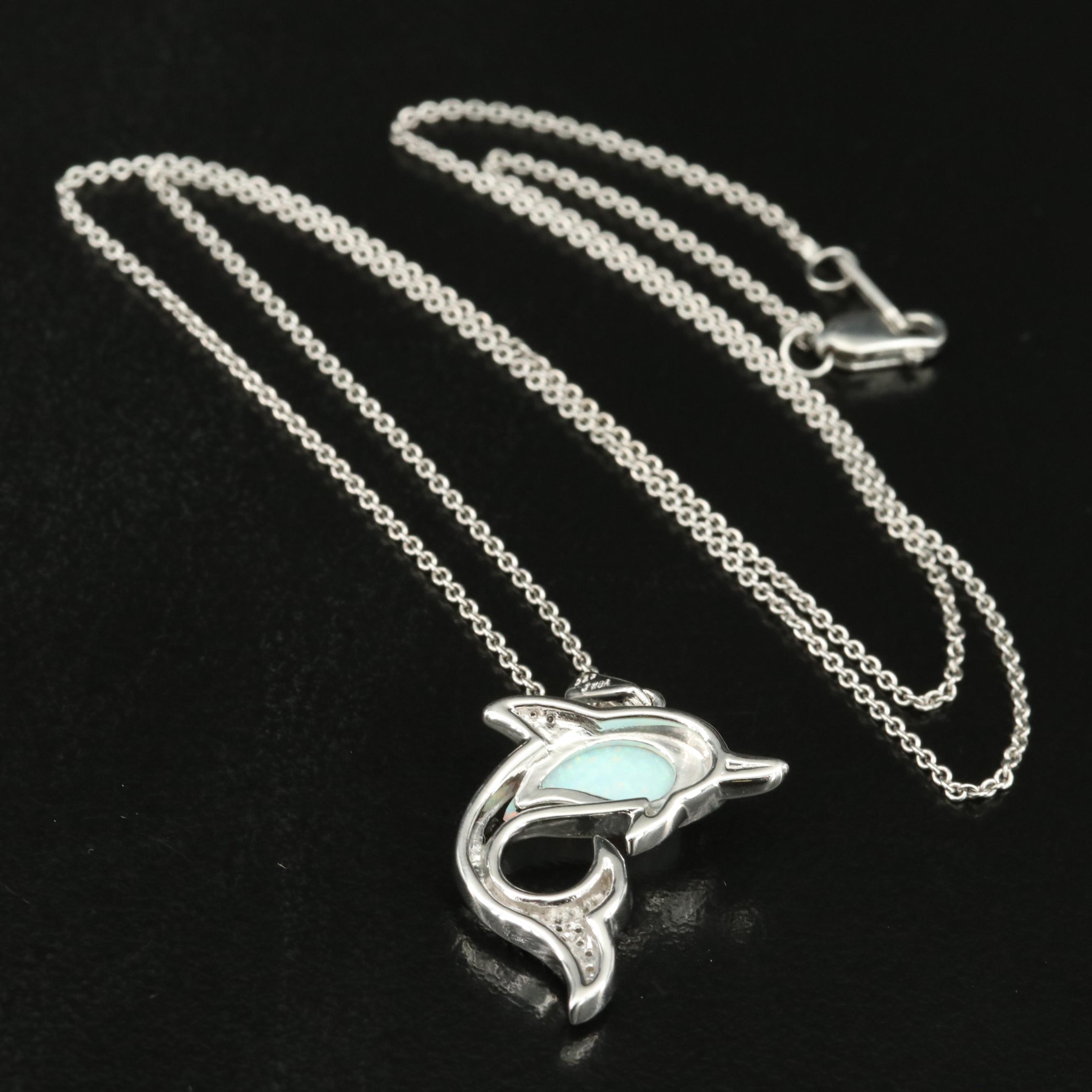Sterling Opal and Sapphire Dolphin Pendant Necklace
