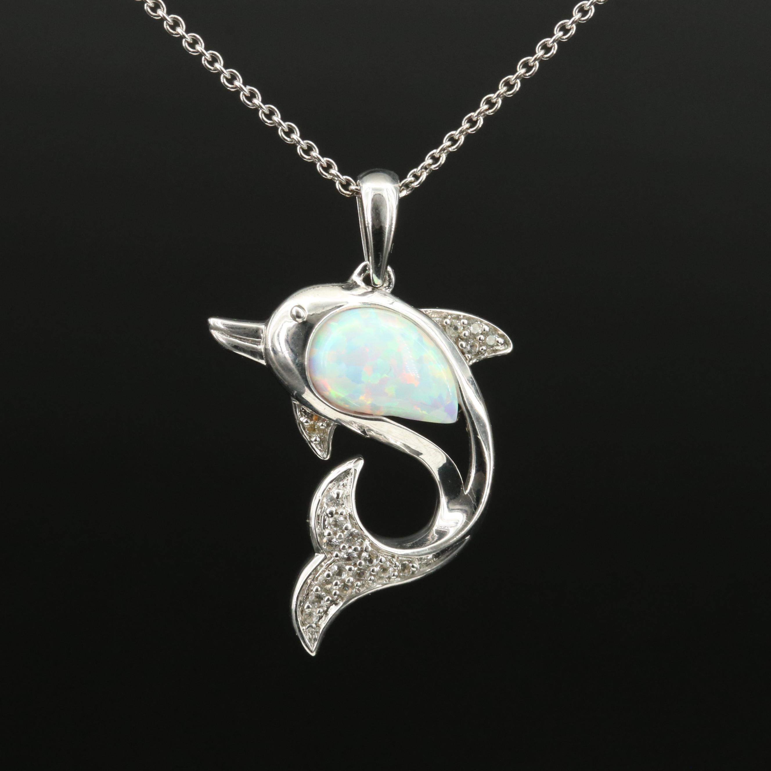 Sterling Opal and Sapphire Dolphin Pendant Necklace