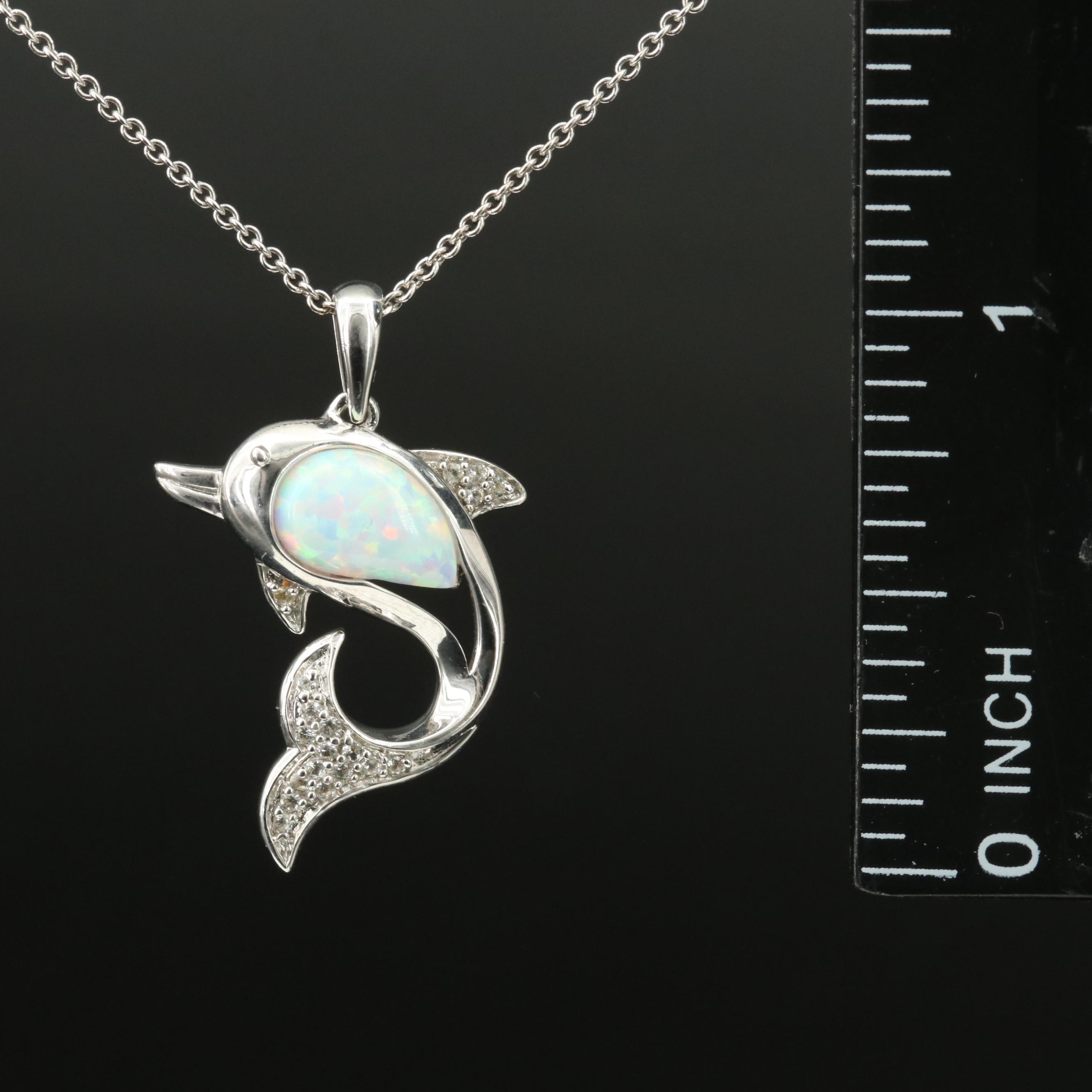 Sterling Opal and Sapphire Dolphin Pendant Necklace
