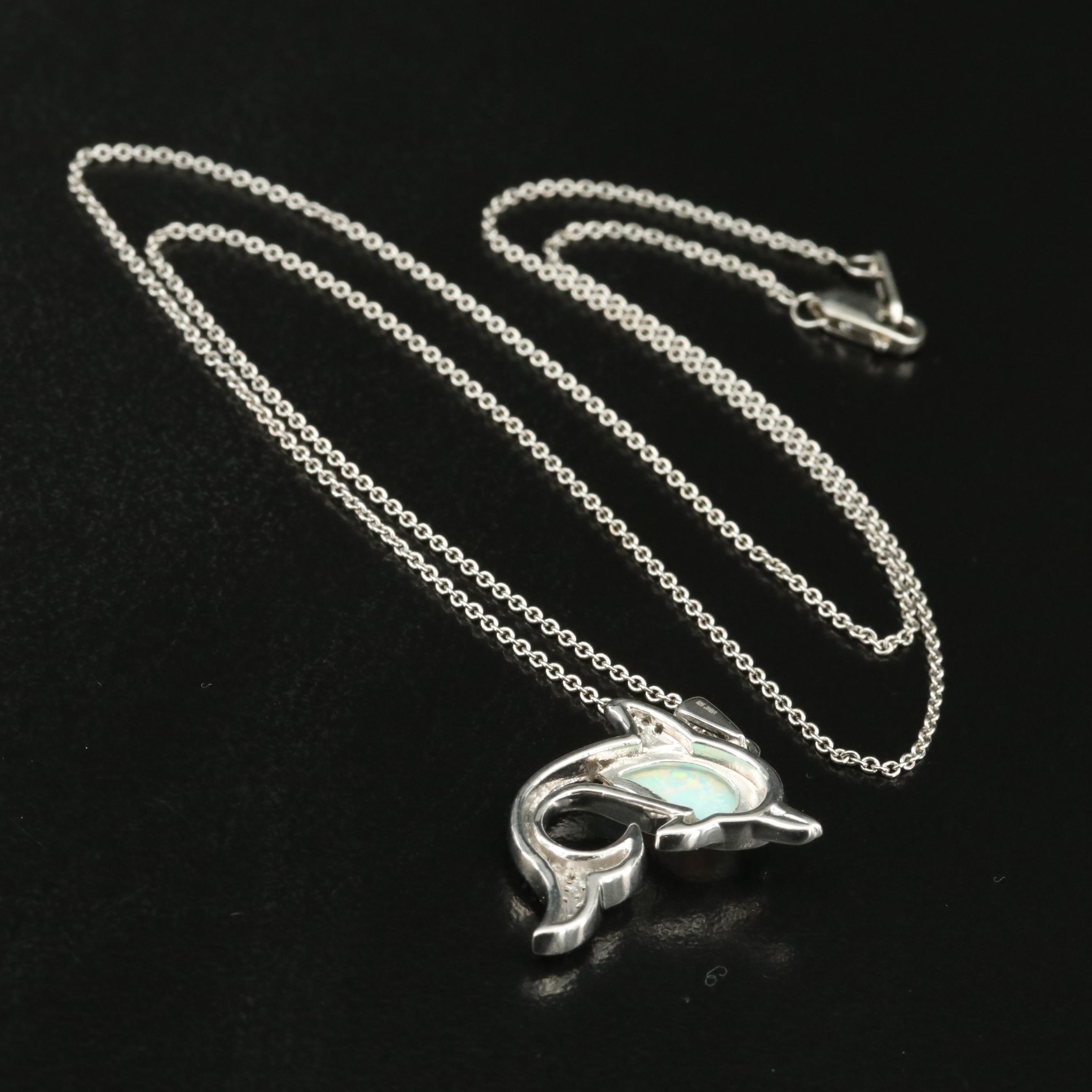 Sterling Opal and Sapphire Dolphin Pendant Necklace