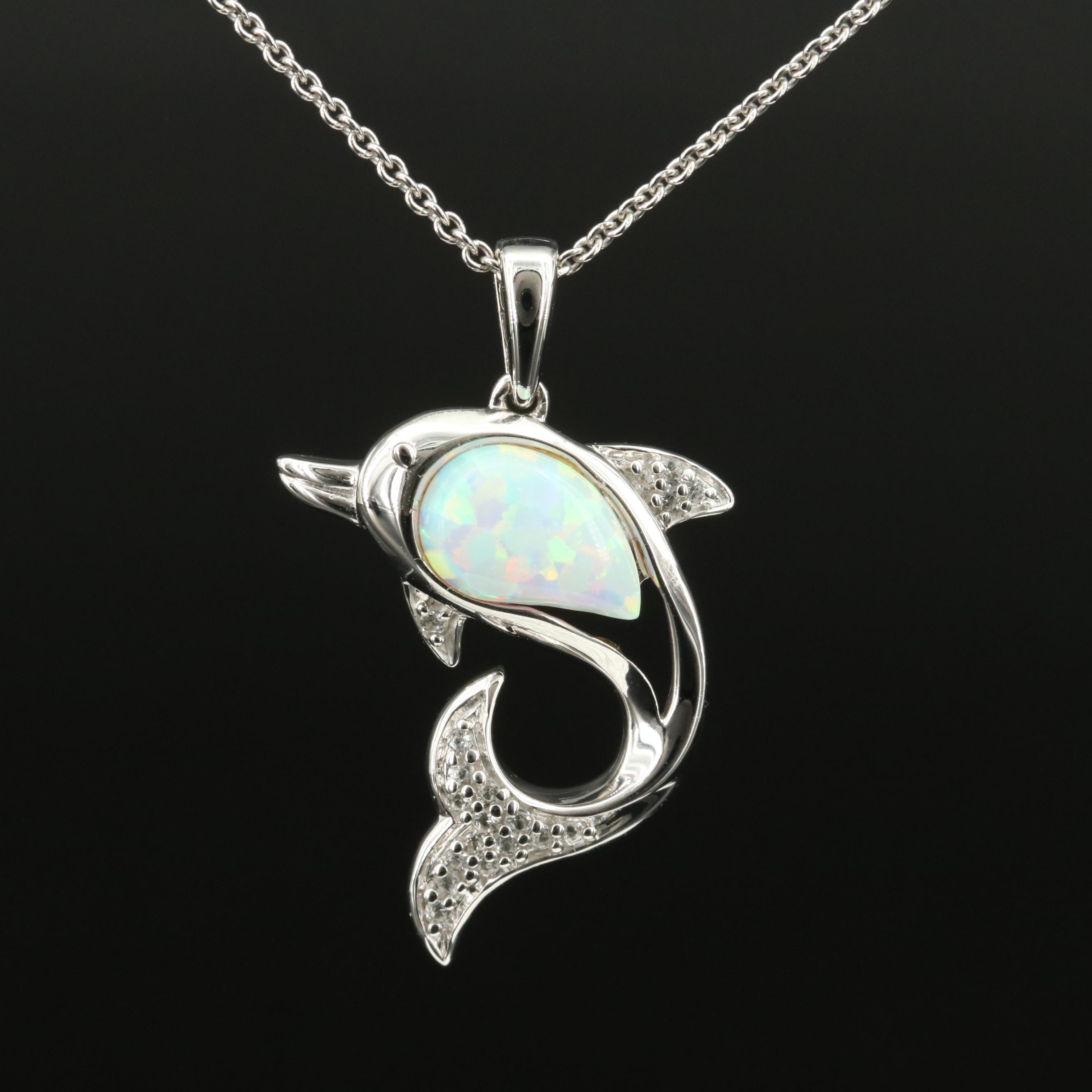 Sterling Opal and Sapphire Dolphin Pendant Necklace