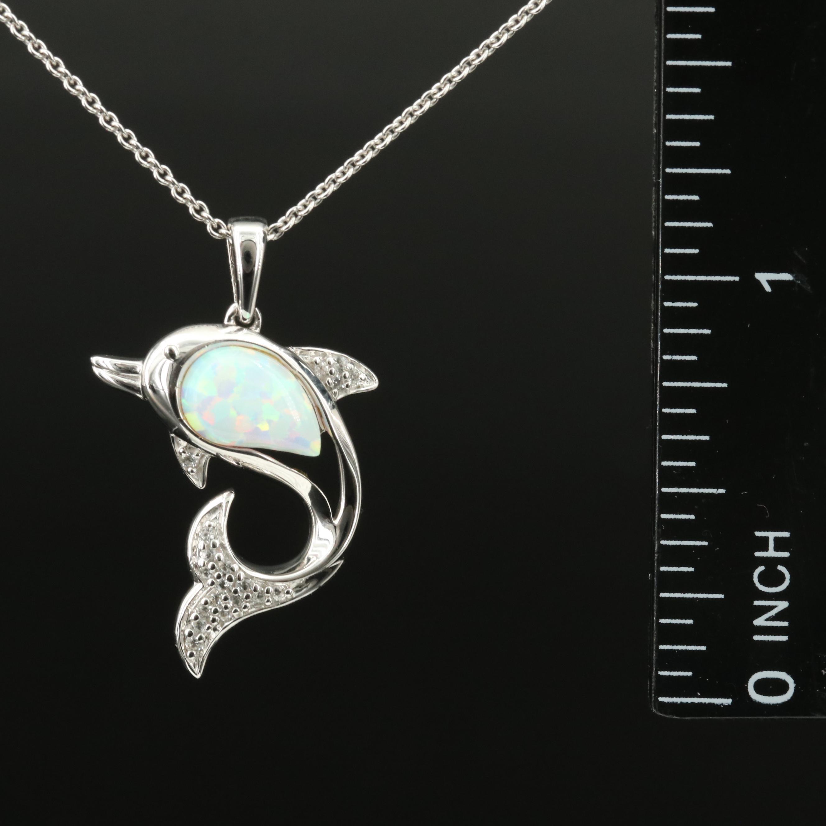 Sterling Opal and Sapphire Dolphin Pendant Necklace