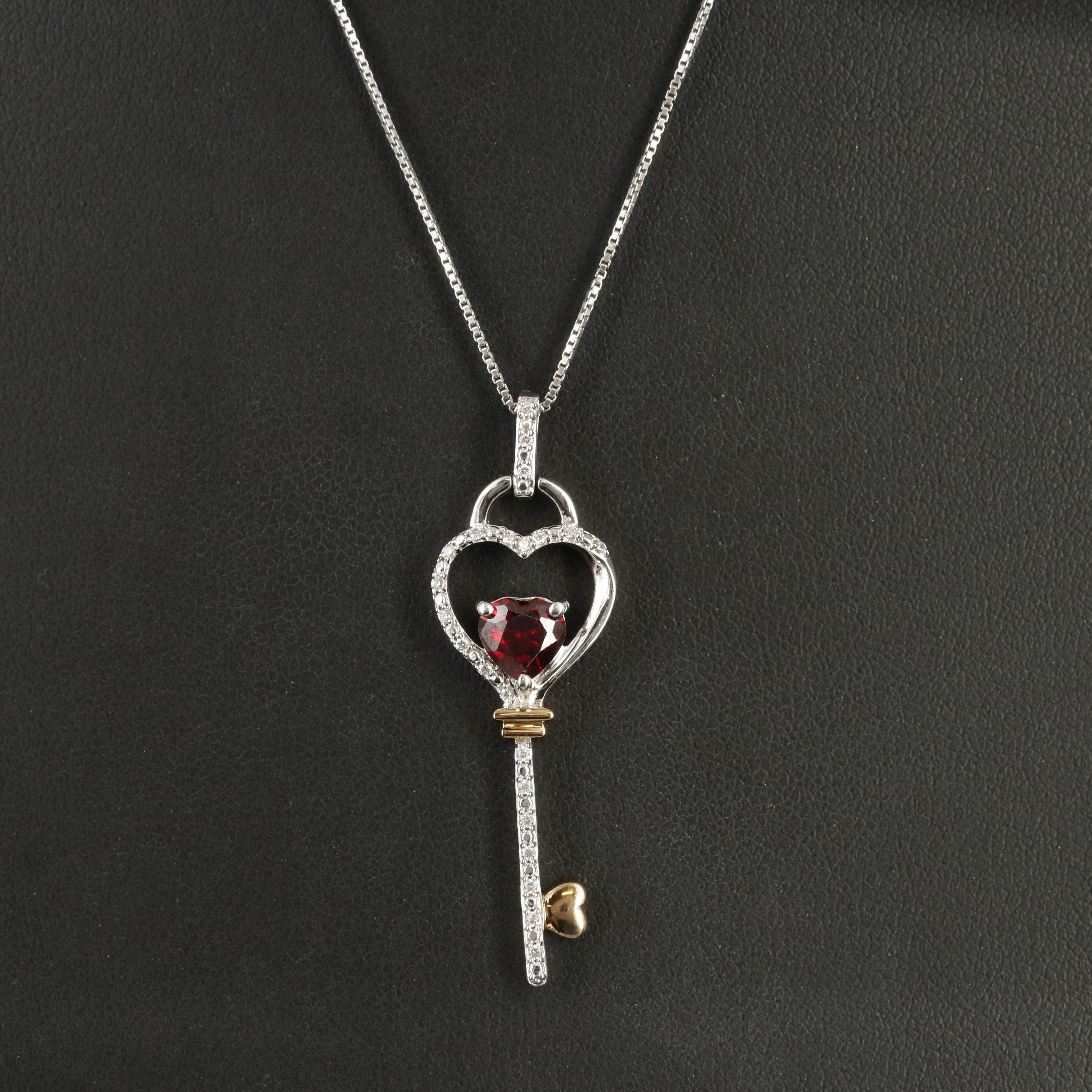 Sterling Garnet and Cubic Zirconia Heart Key Pendant Necklace