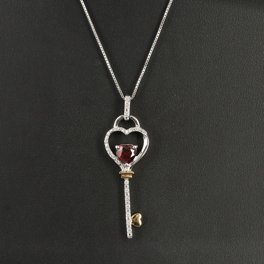 Sterling Garnet and Cubic Zirconia Heart Key Pendant Necklace