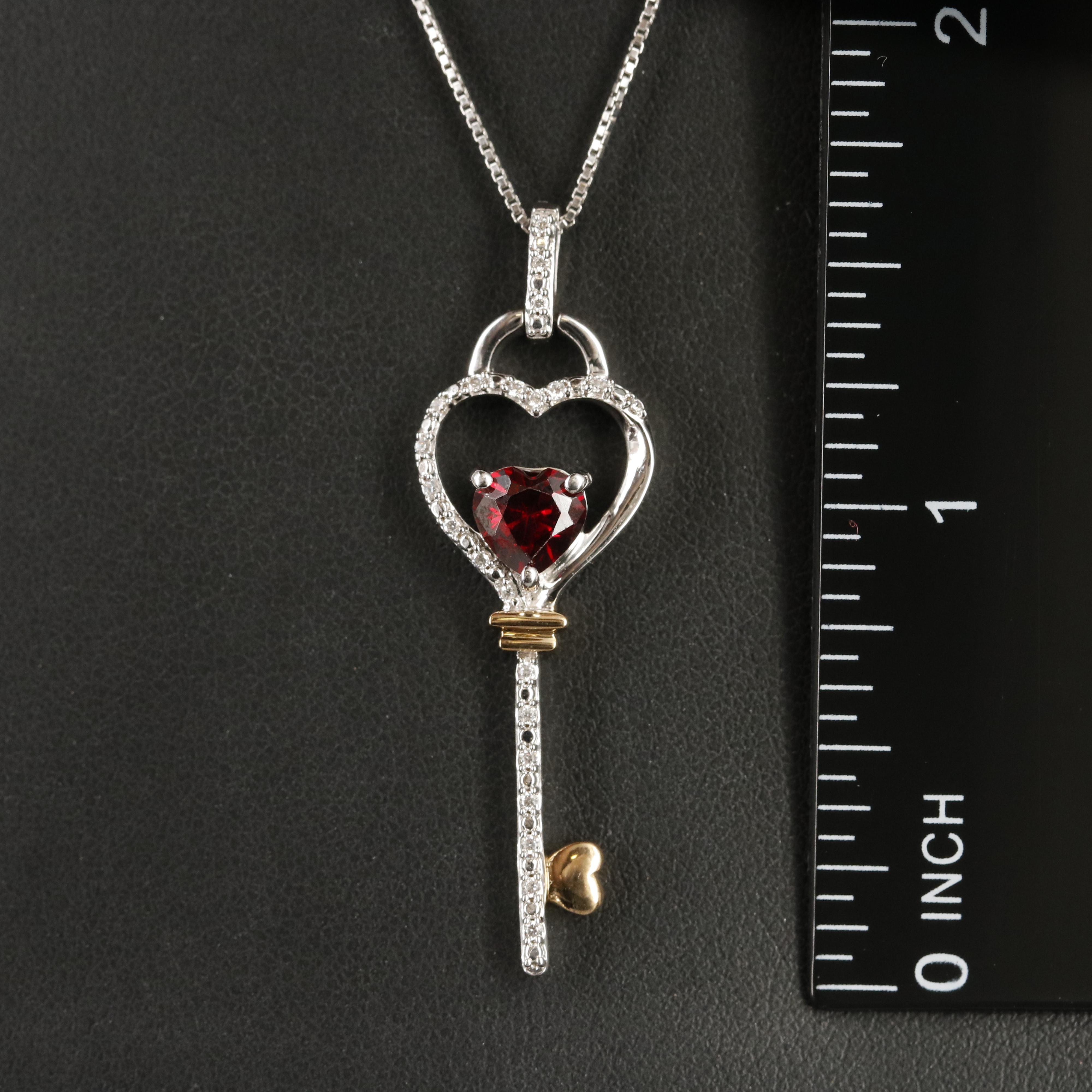 Sterling Garnet and Cubic Zirconia Heart Key Pendant Necklace