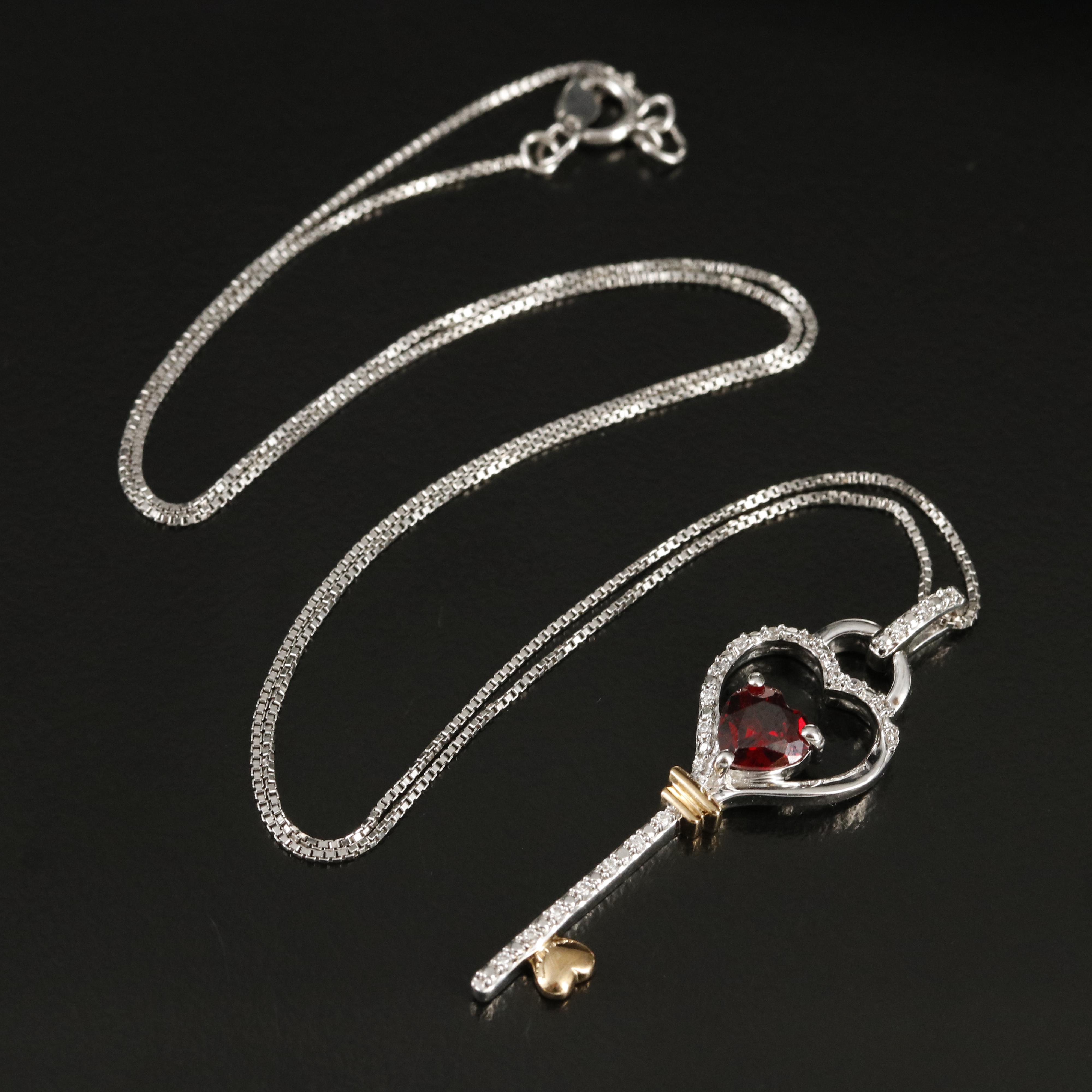 Sterling Garnet and Cubic Zirconia Heart Key Pendant Necklace