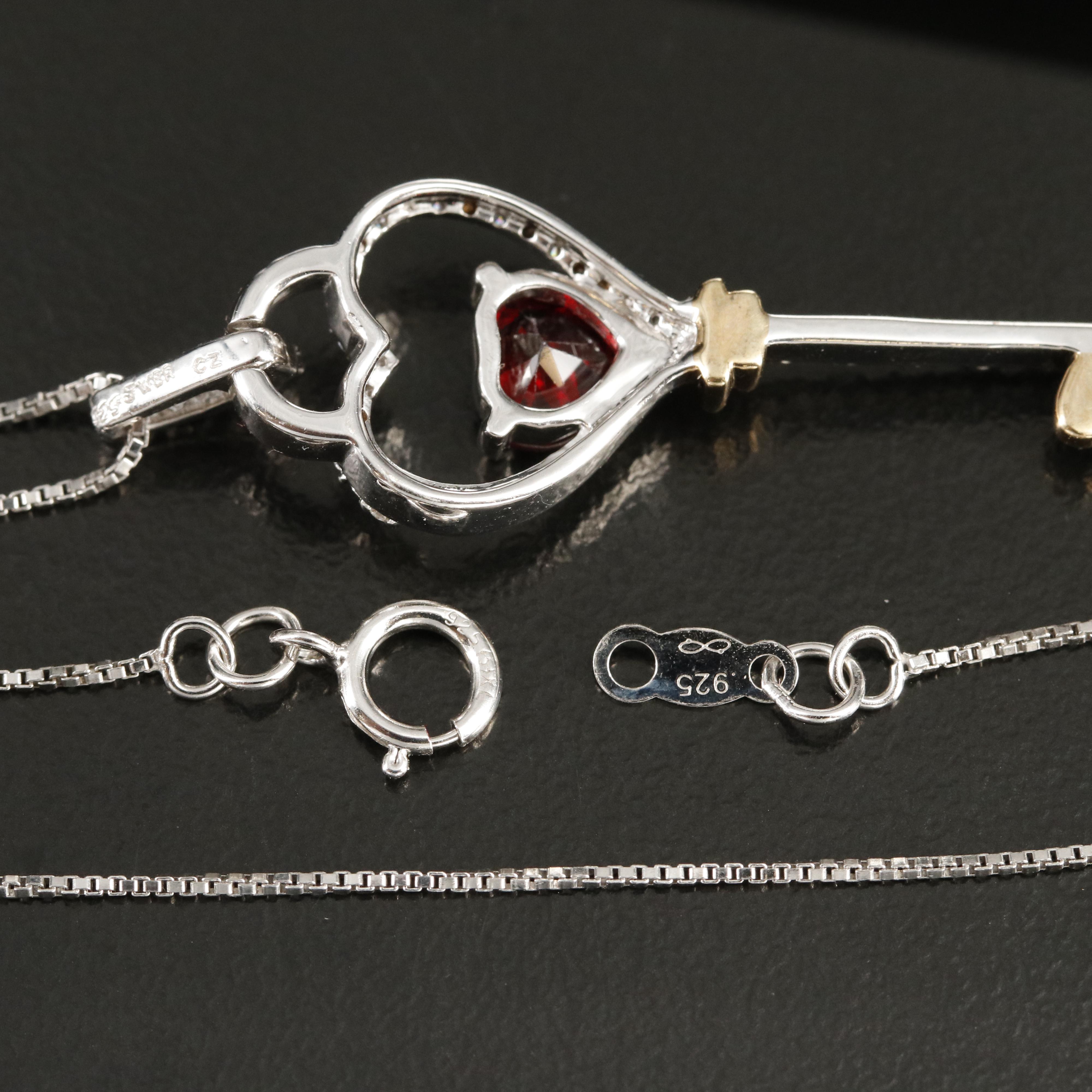 Sterling Garnet and Cubic Zirconia Heart Key Pendant Necklace