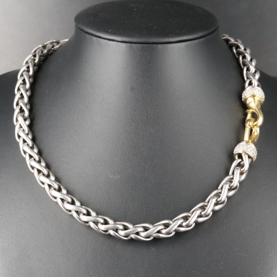 David Yurman Sterling Diamond Wheat Chain Necklace with 18K Accents