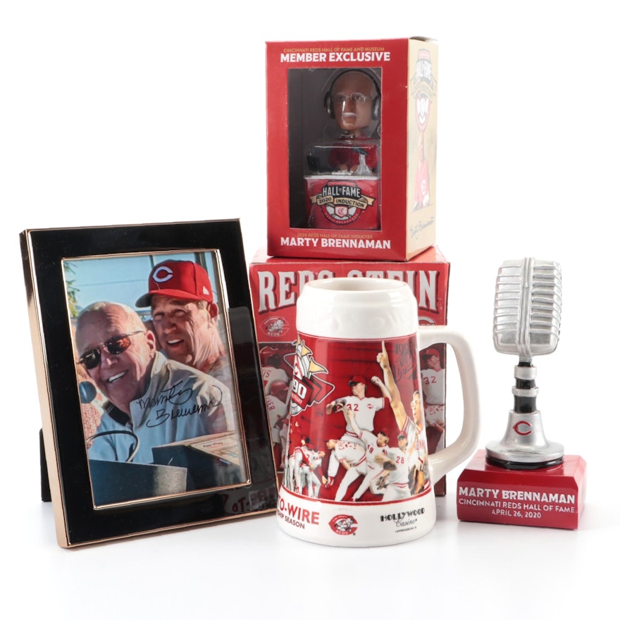 Marty Brennaman Signed Giclée with 1990 Cincinnati Reds Stein and More