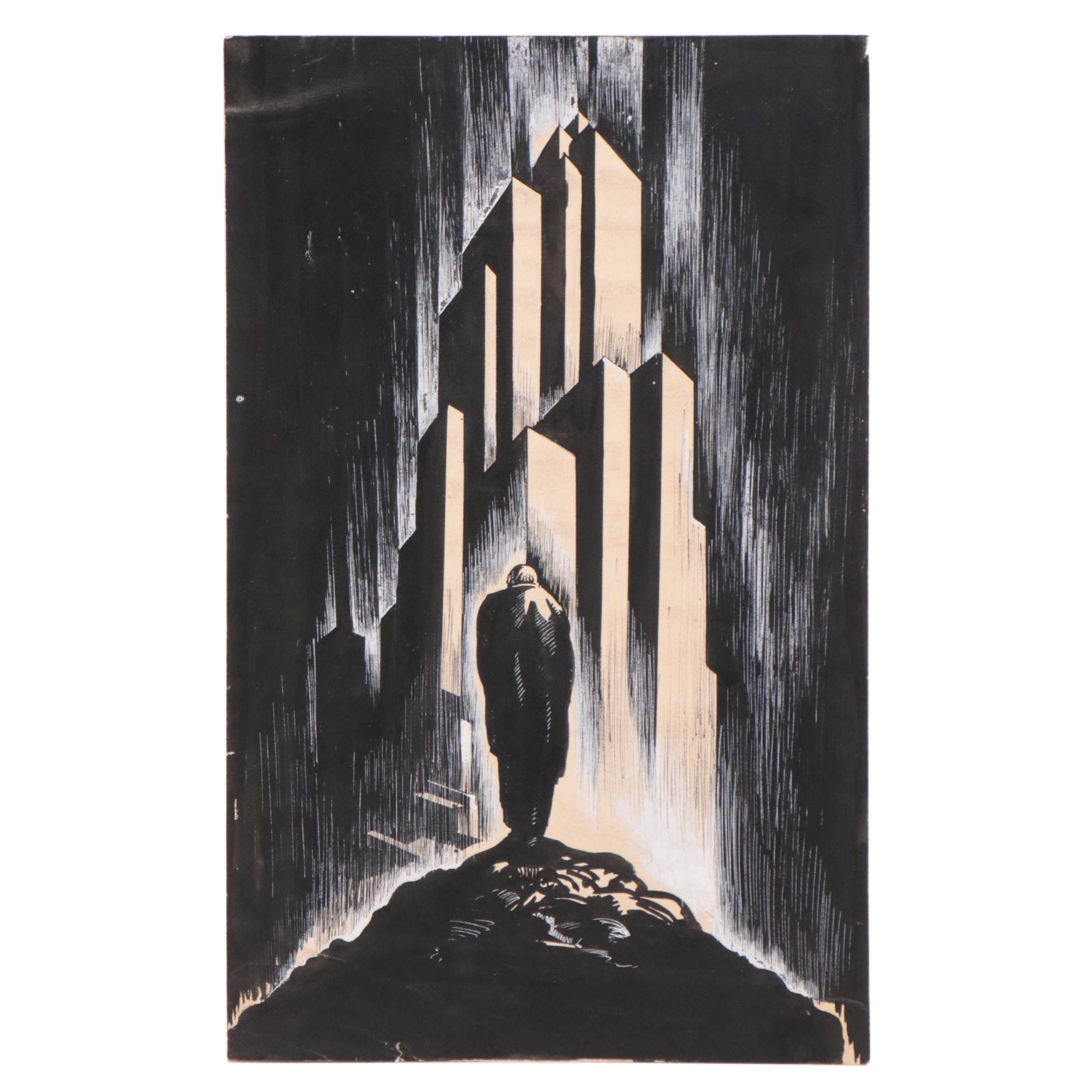 Dan Burne Jones Art Deco Gouache Painting of a Man and Towers
