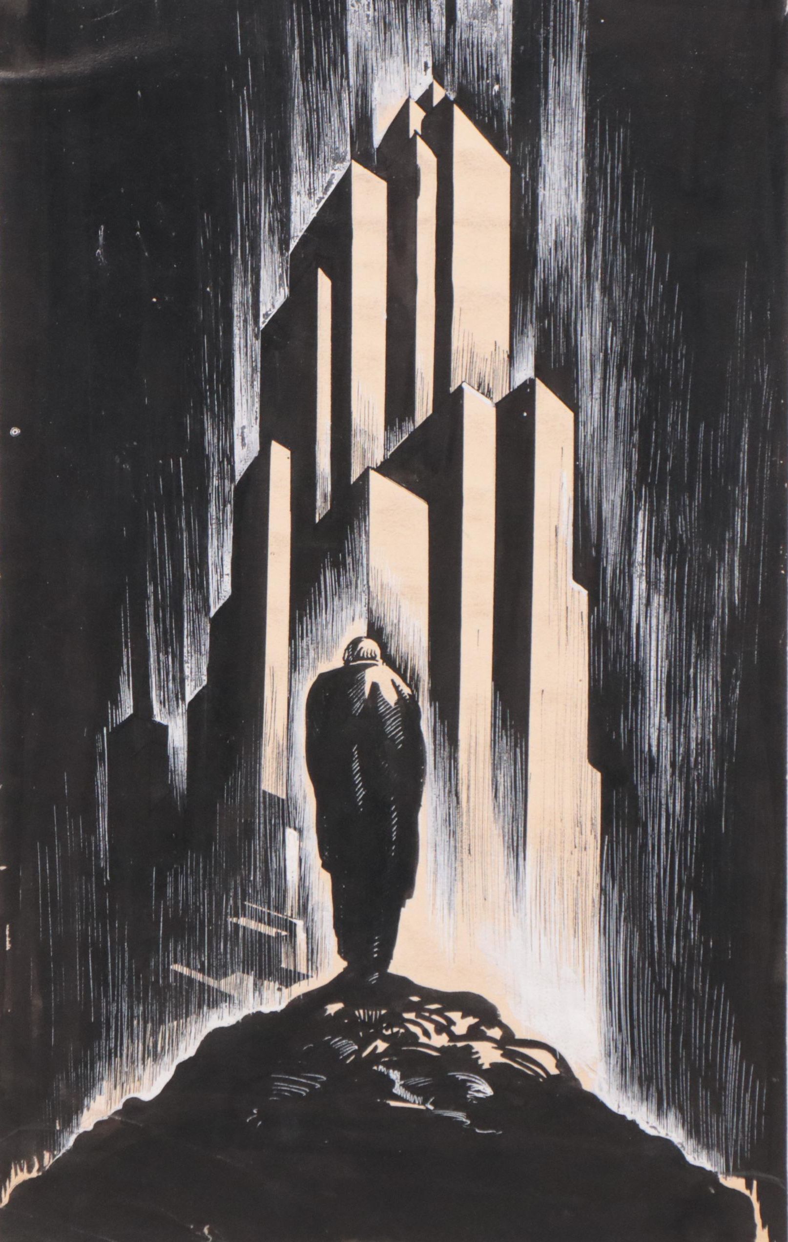 Dan Burne Jones Art Deco Gouache Painting of a Man and Towers