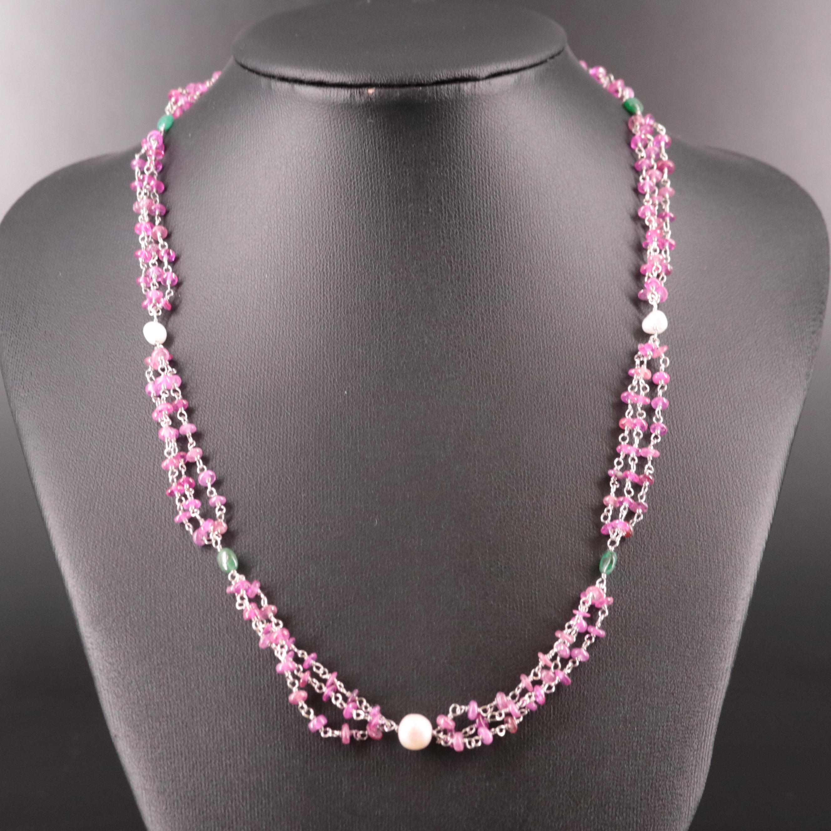 Sterling Cultured Pearl, Emerald, and Filled Corundum Beaded Necklace