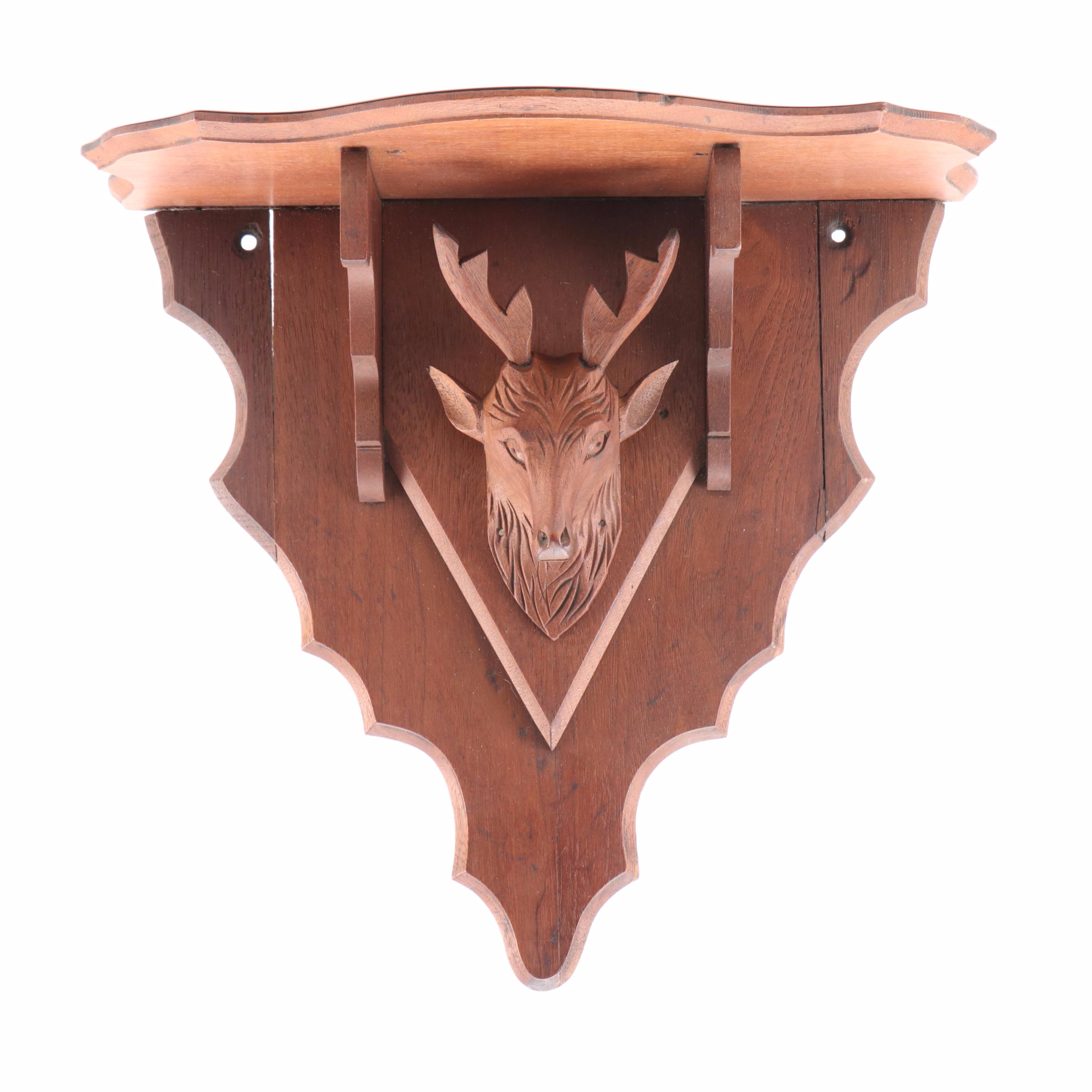 Victorian Black Forest Carved Walnut Wood Stag Mount Wall Shelf