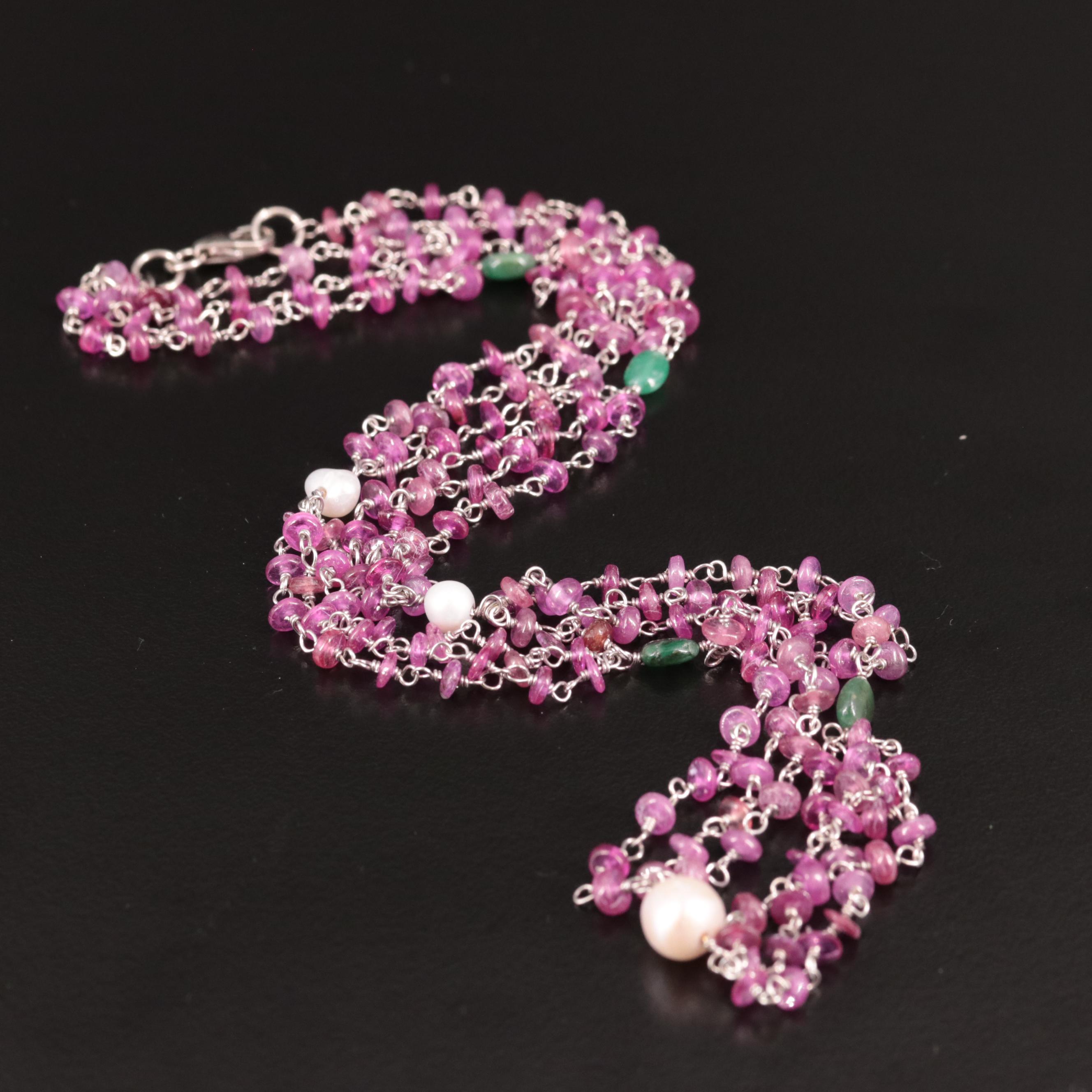 Sterling Cultured Pearl, Emerald, and Filled Corundum Beaded Necklace