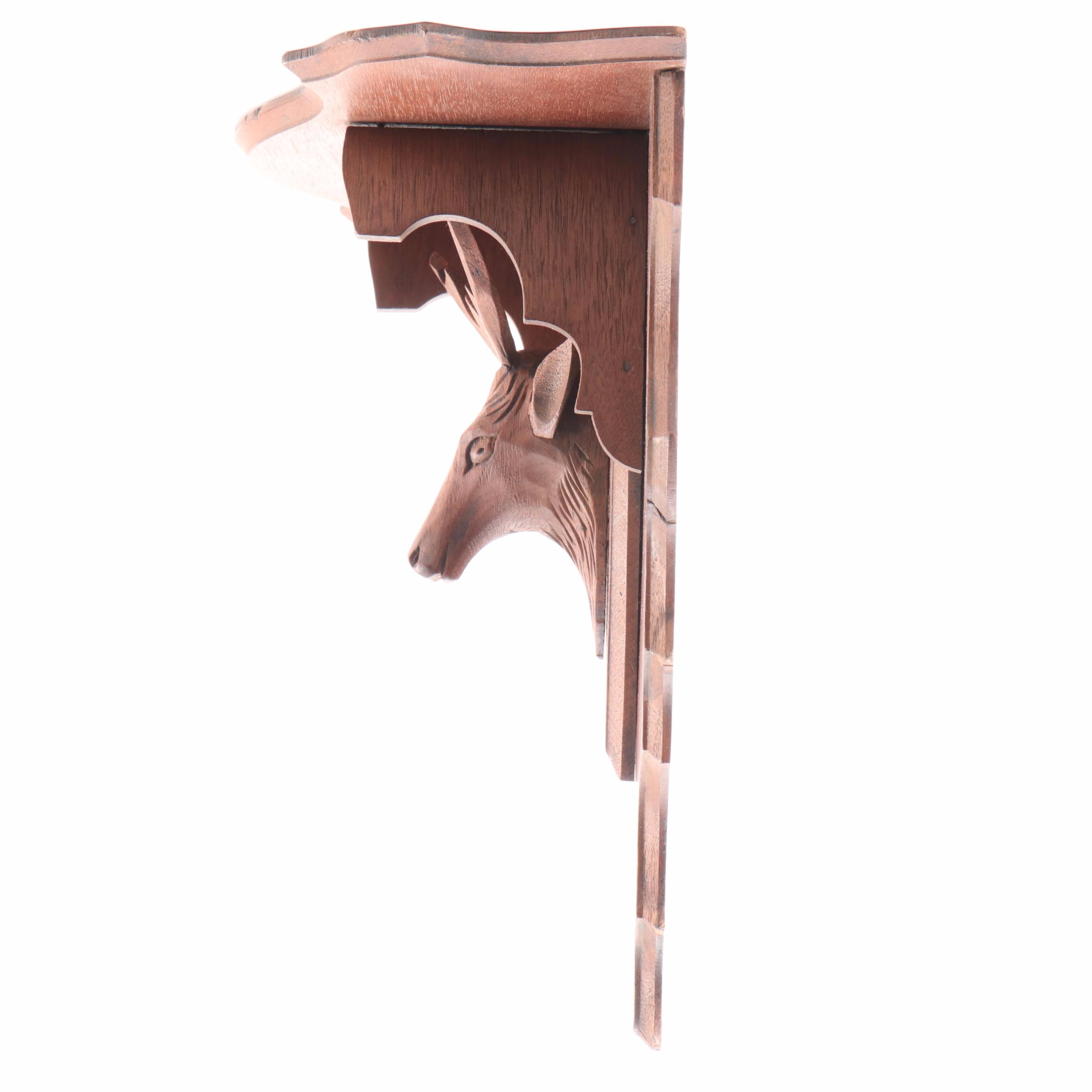 Victorian Black Forest Carved Walnut Wood Stag Mount Wall Shelf