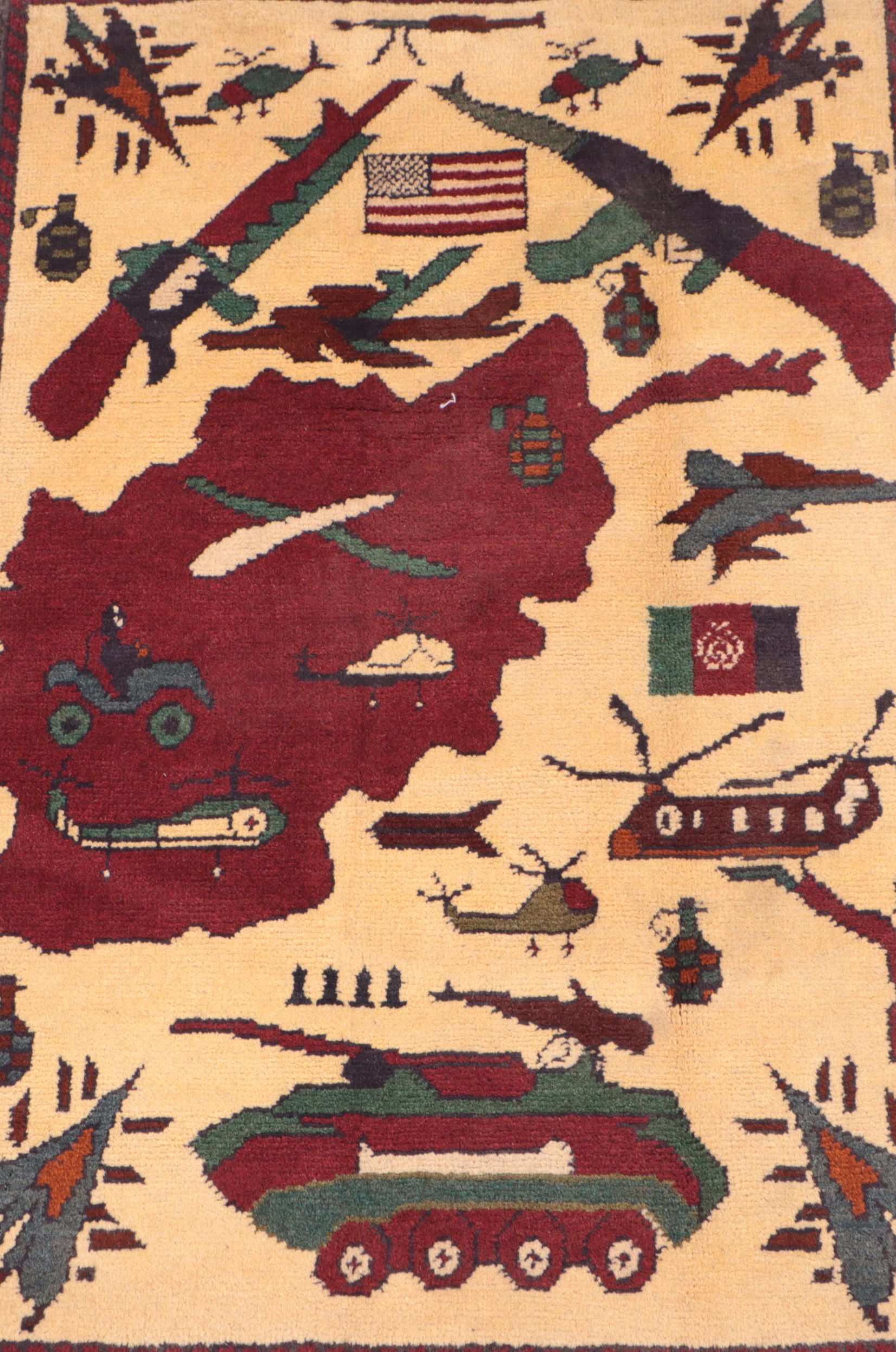 2' x 3' Hand-Knotted Afghan Pictorial War Rug