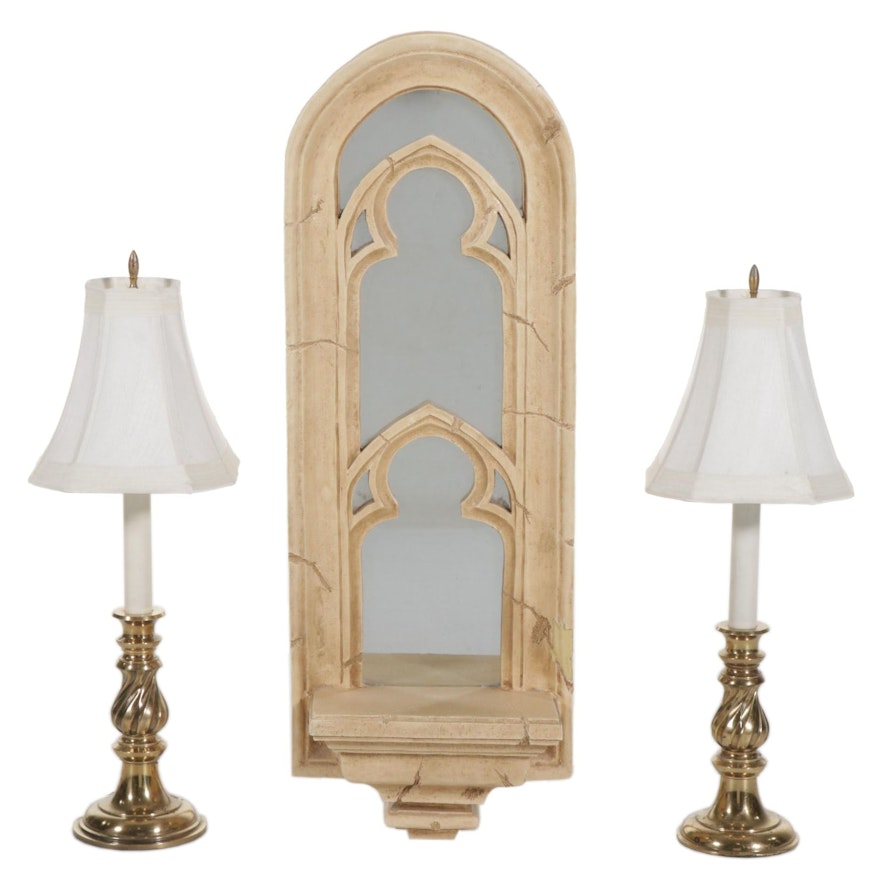 Northbrook by Stiffel Brass Lamps with Gothic Style Mirrored Wall Shelf