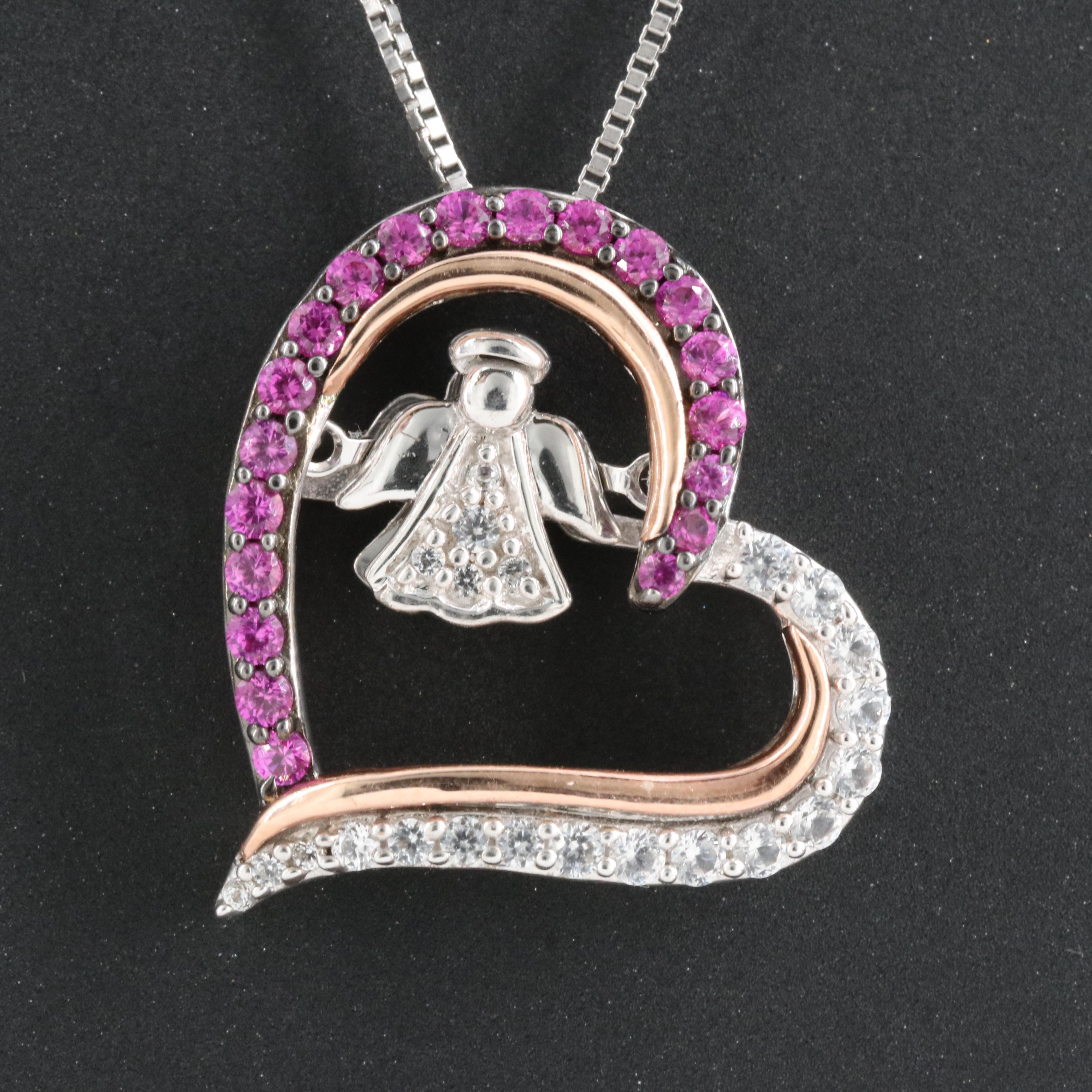 Ruby and Sapphire Angel Heart Tremble Necklace with 10K Rose Gold Accents