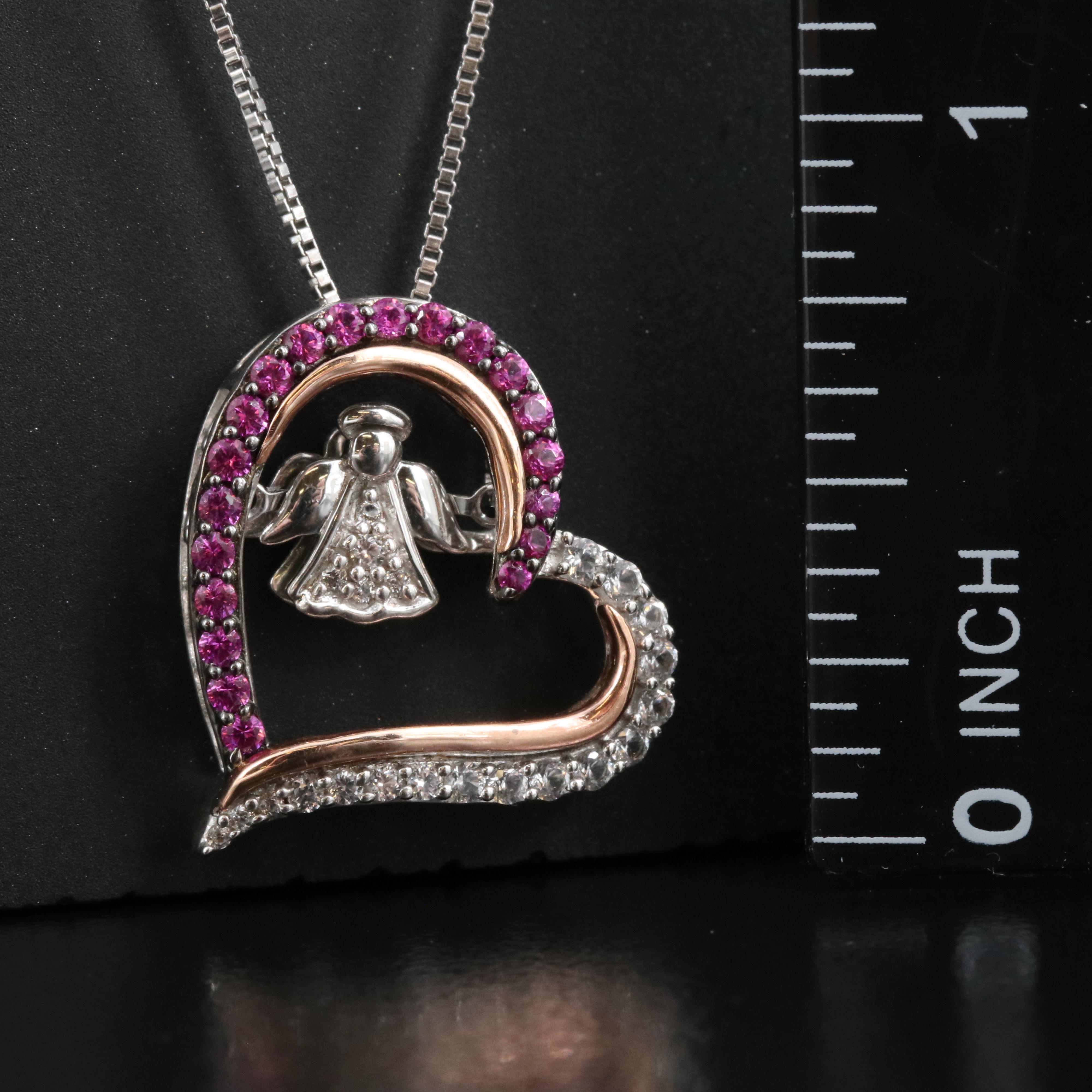 Ruby and Sapphire Angel Heart Tremble Necklace with 10K Rose Gold Accents