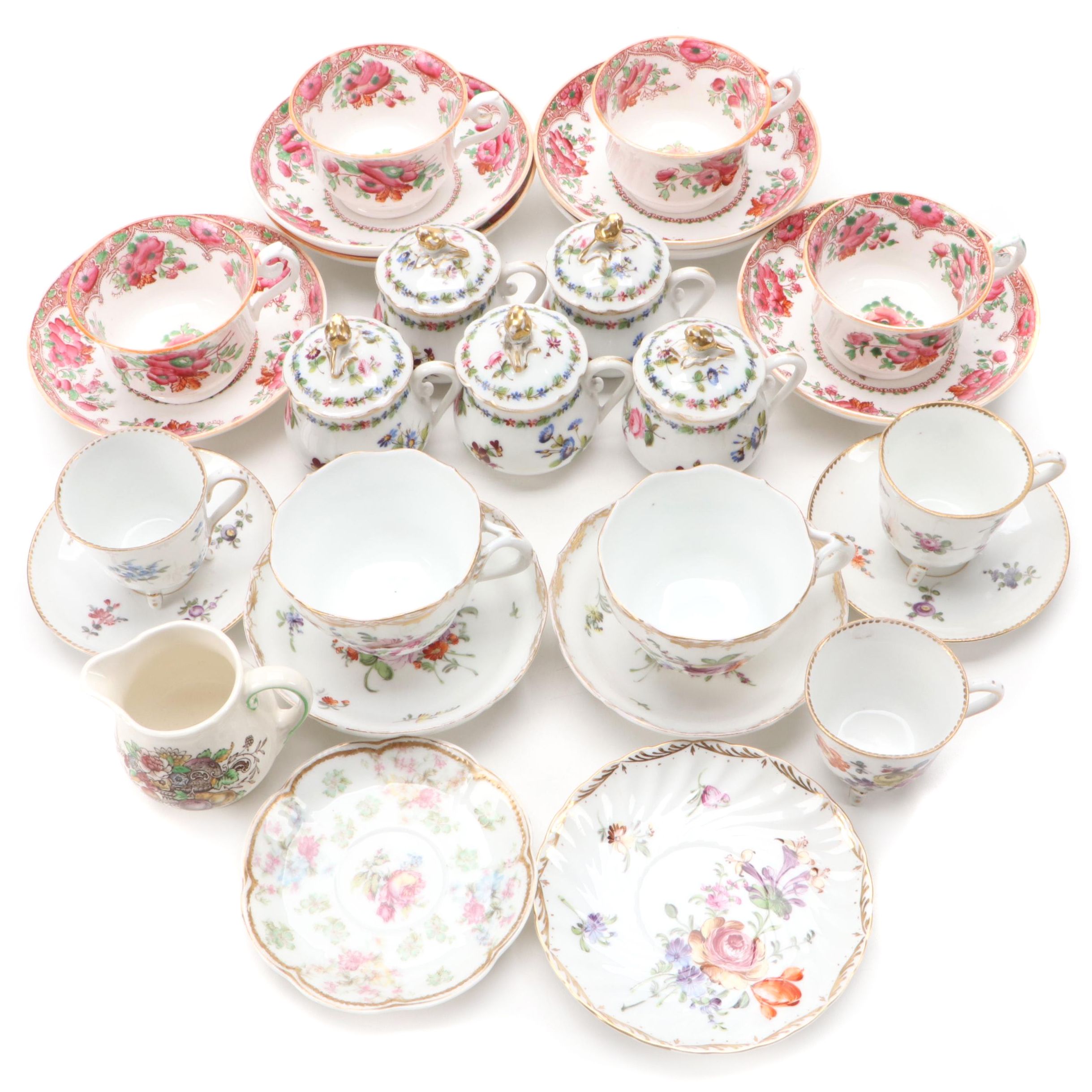 Samson Porcelain Teacups with Dresden Style Pot de Cremes and Other Tableware