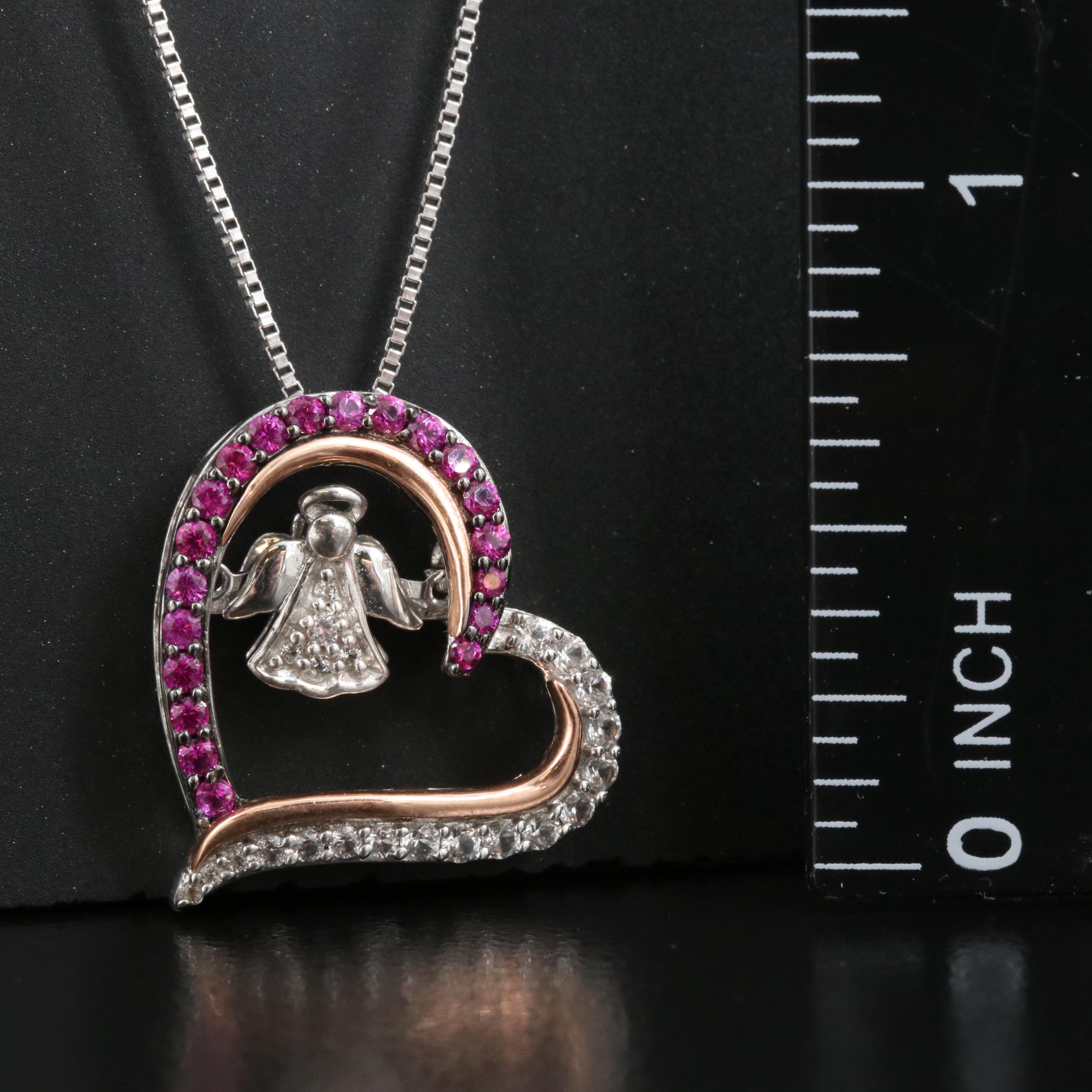 Ruby and Sapphire Angel Heart Tremble Necklace with 10K Rose Gold Accents