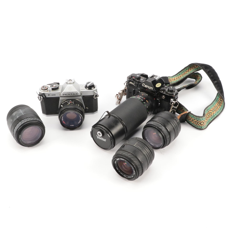 Canon A-1 and Pentax K1000 SLR Cameras with Sigma Lenses
