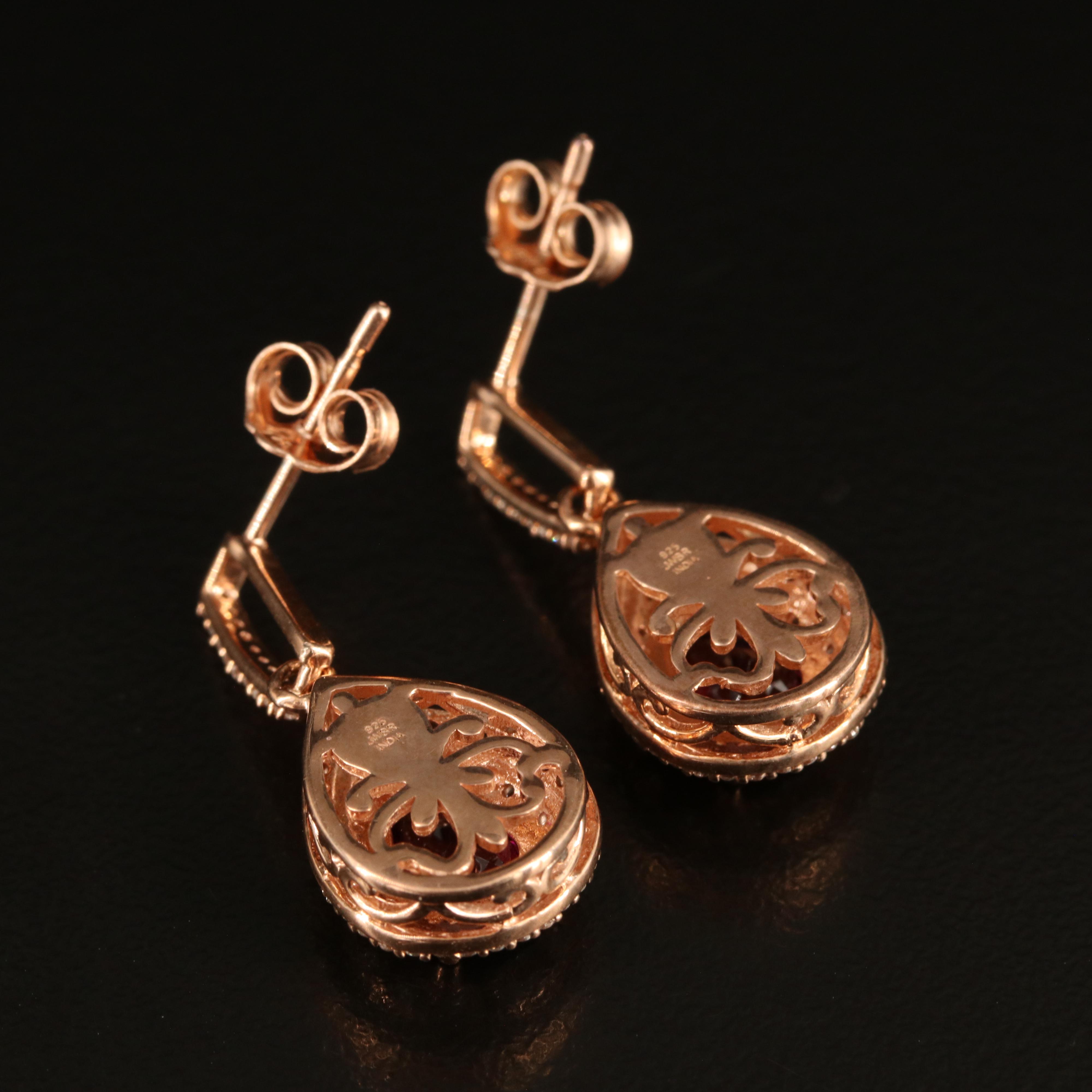 Rose-Tone Sterling Garnet and White Sapphire Earrings