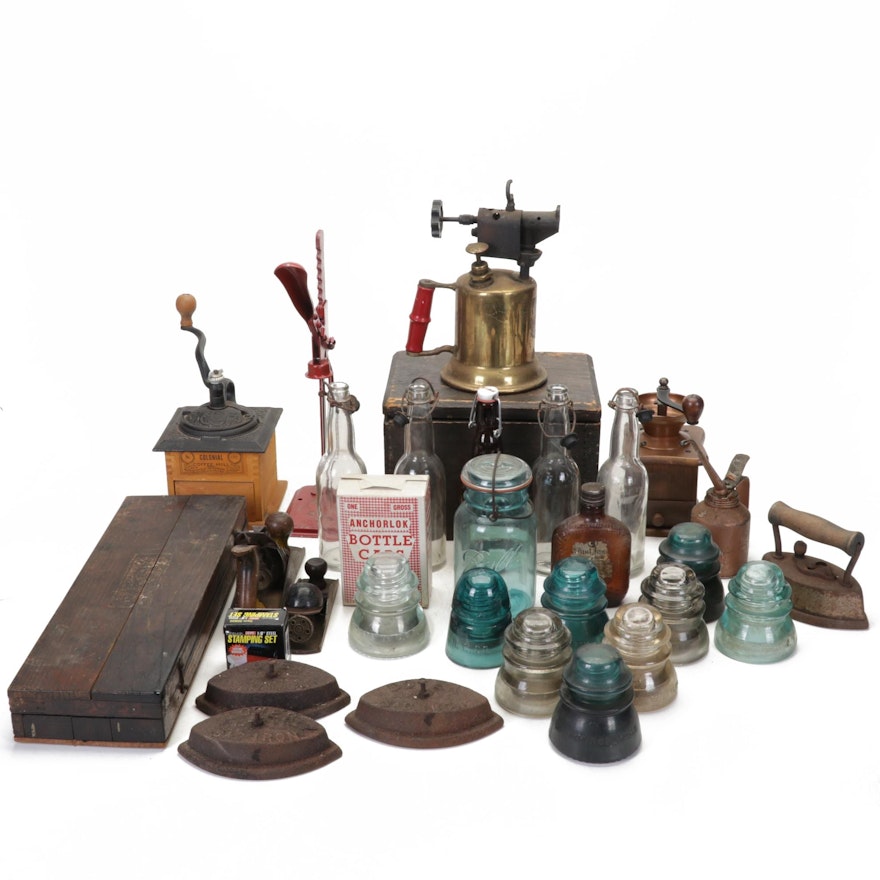 Glass Insulators, Wire Cap Beverage Bottles, Coffee Mills, Sad Irons and More