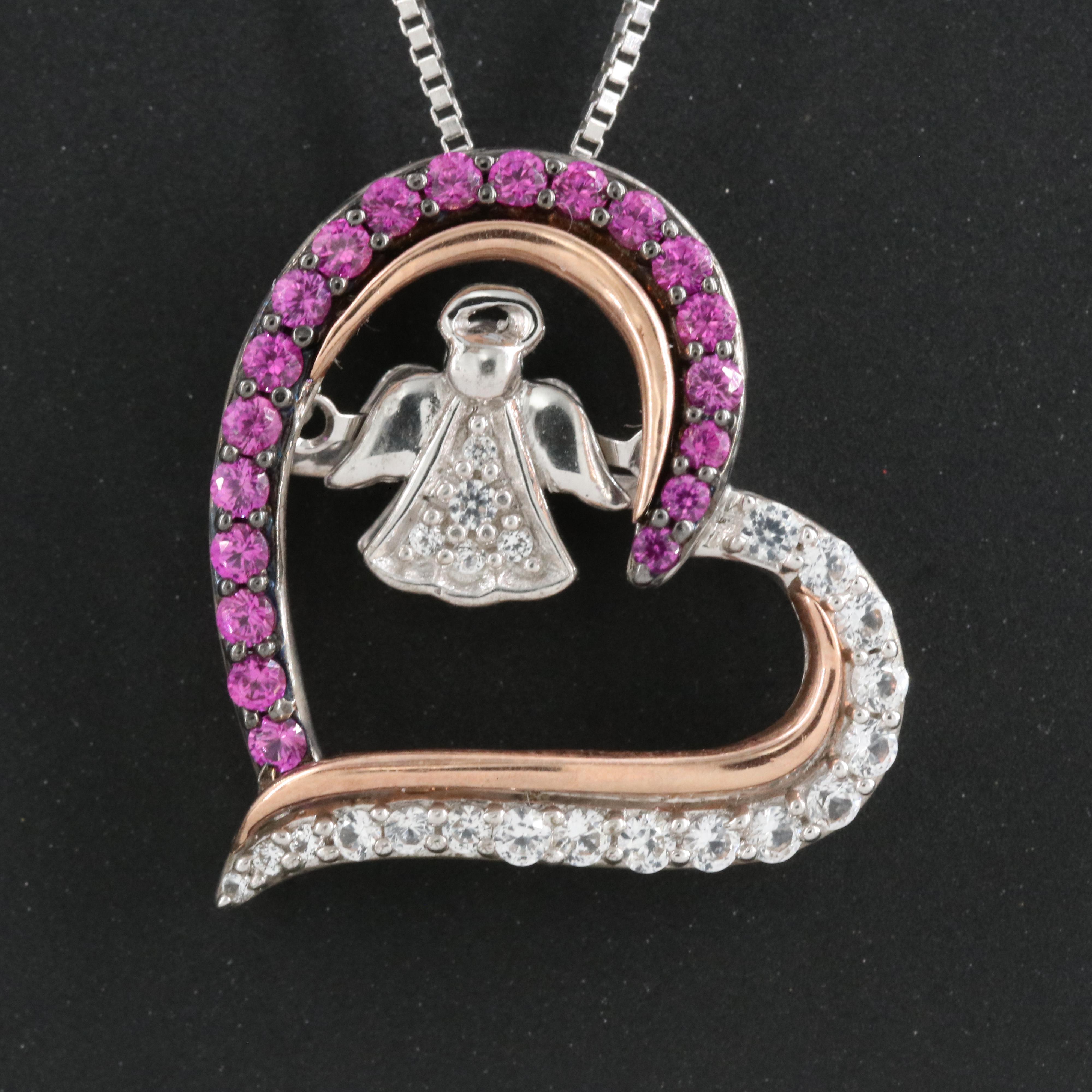Ruby and Sapphire Angel Heart Tremble Necklace with 10K Rose Gold Accents