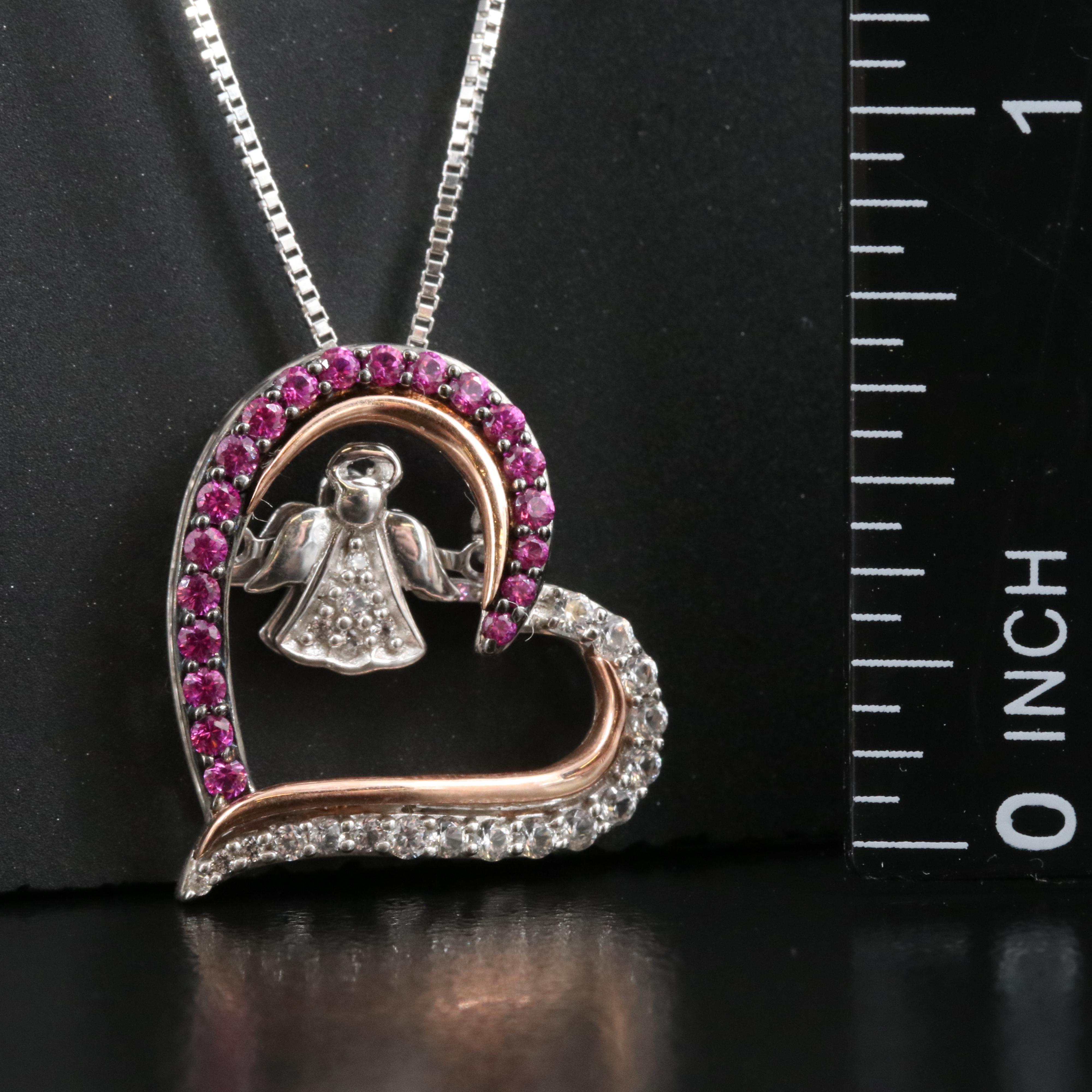 Ruby and Sapphire Angel Heart Tremble Necklace with 10K Rose Gold Accents