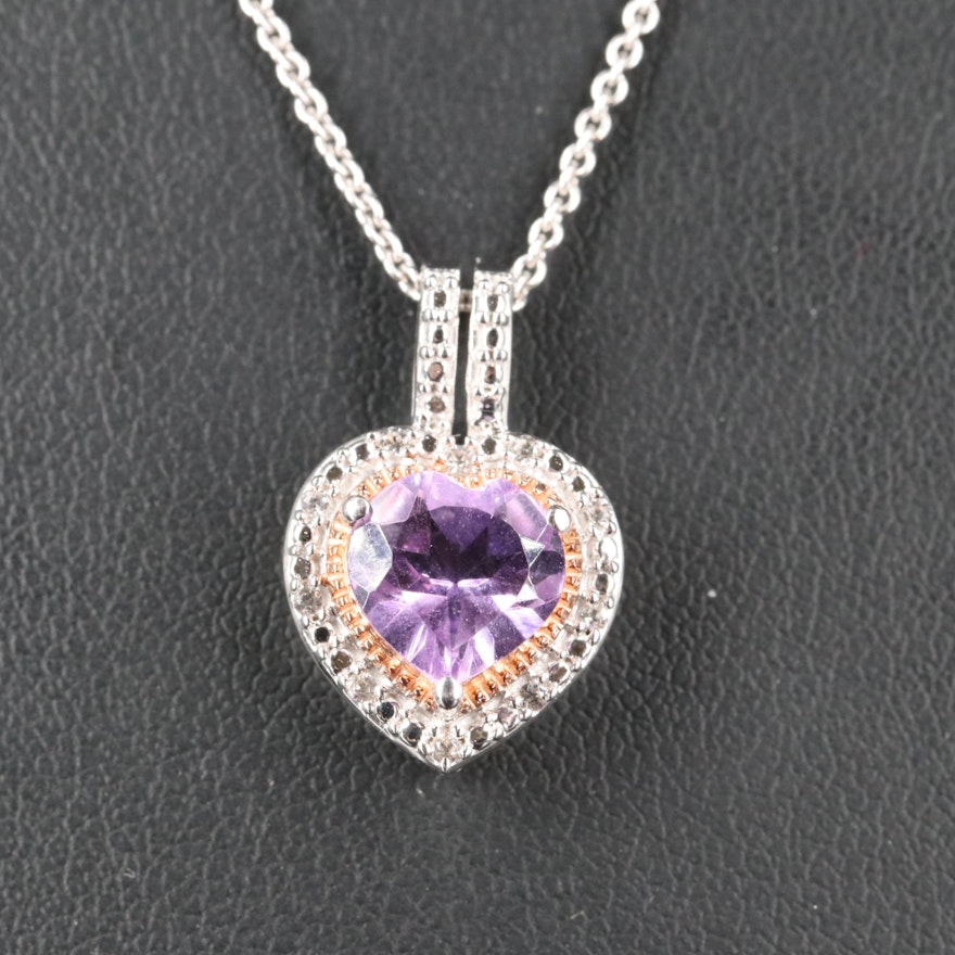 Sterling Amethyst and Sapphire Heart Pendant Necklace