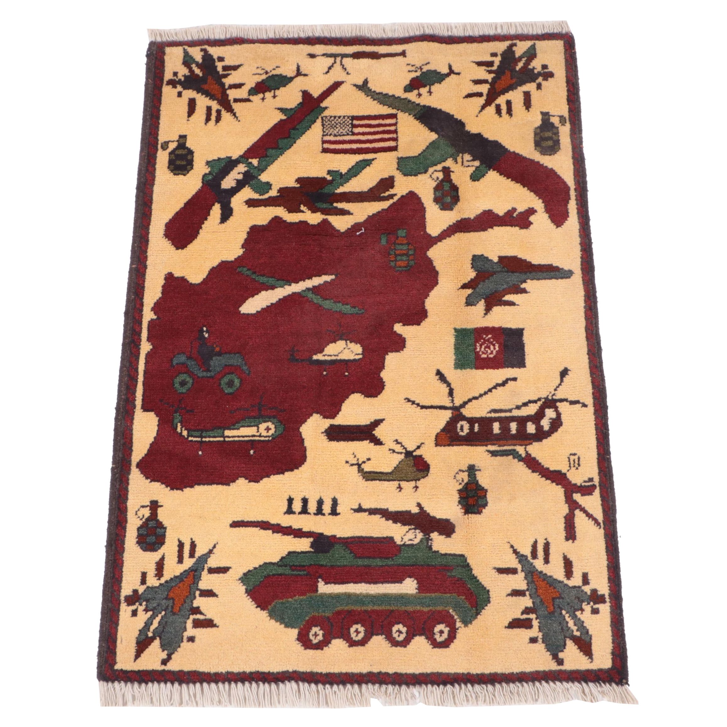 2' x 3' Hand-Knotted Afghan Pictorial War Rug