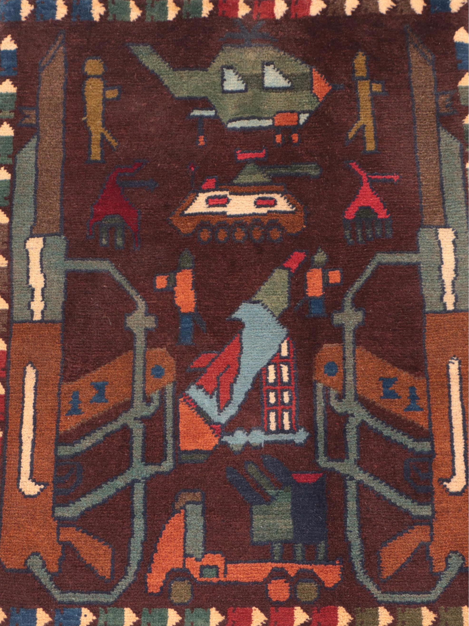 1'11 x 2'8 Hand-Knotted Afghan Pictorial War Rug