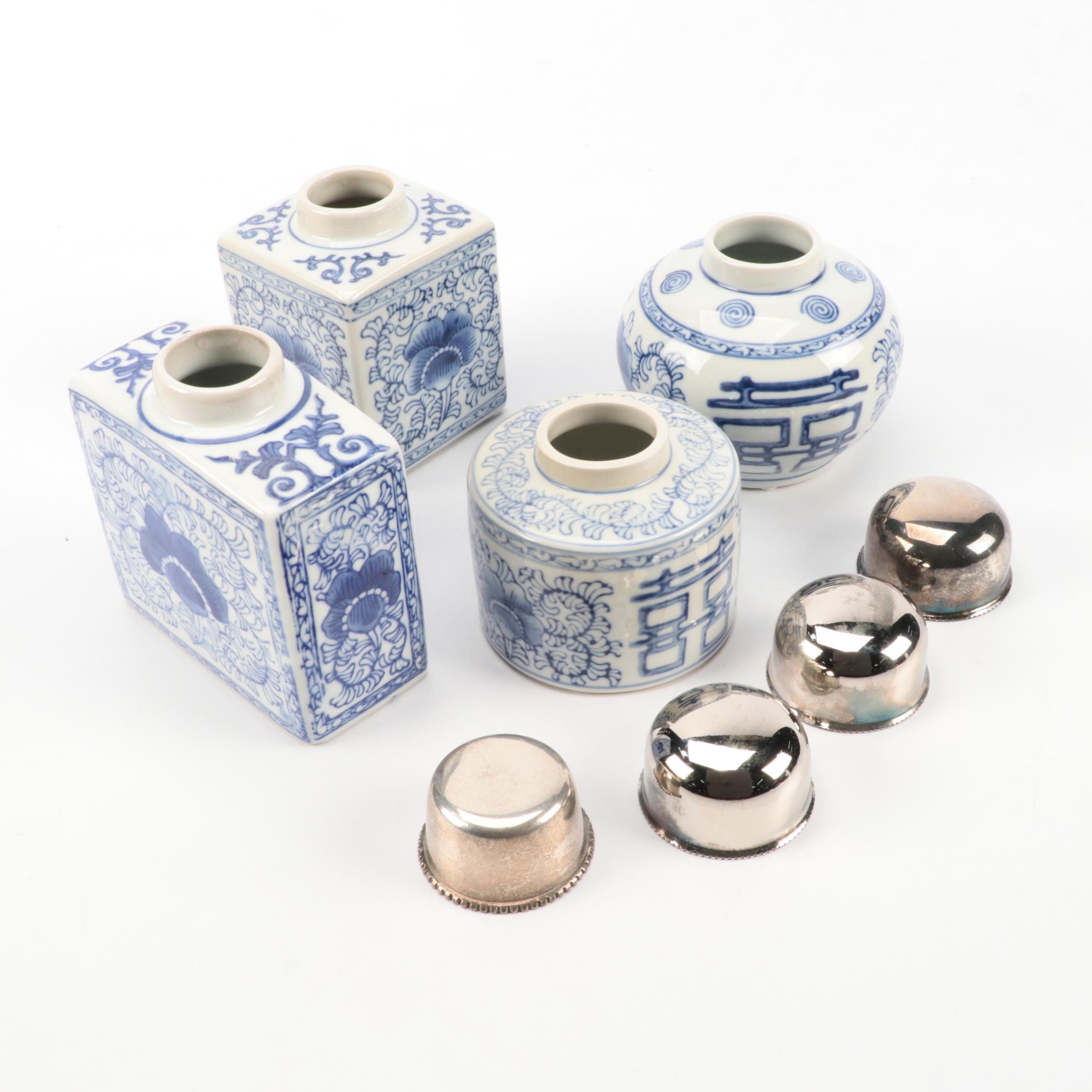 Two's Company "Canton Collection" Porcelain Lidded Jars with Wood Shelf