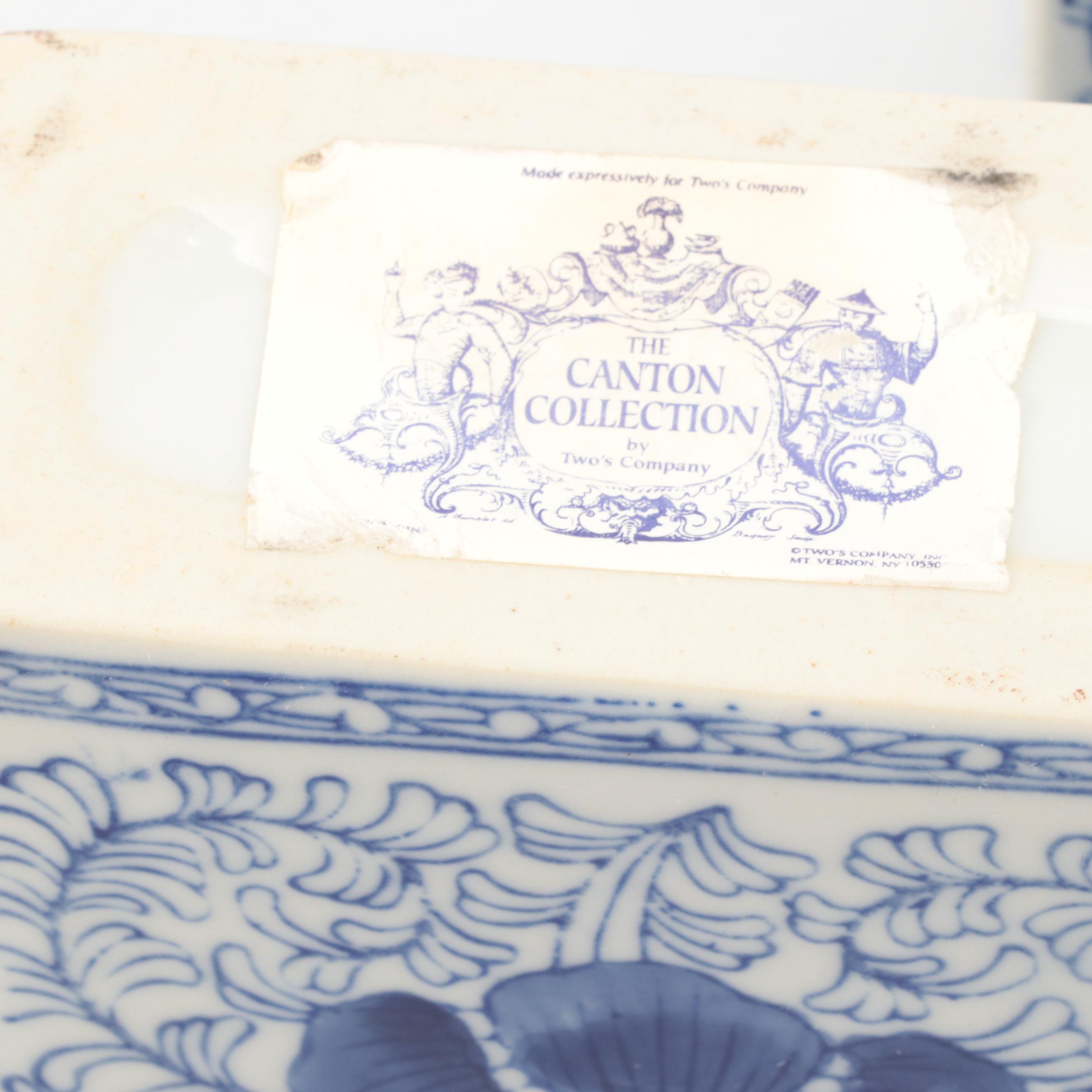 Two's Company "Canton Collection" Porcelain Lidded Jars with Wood Shelf