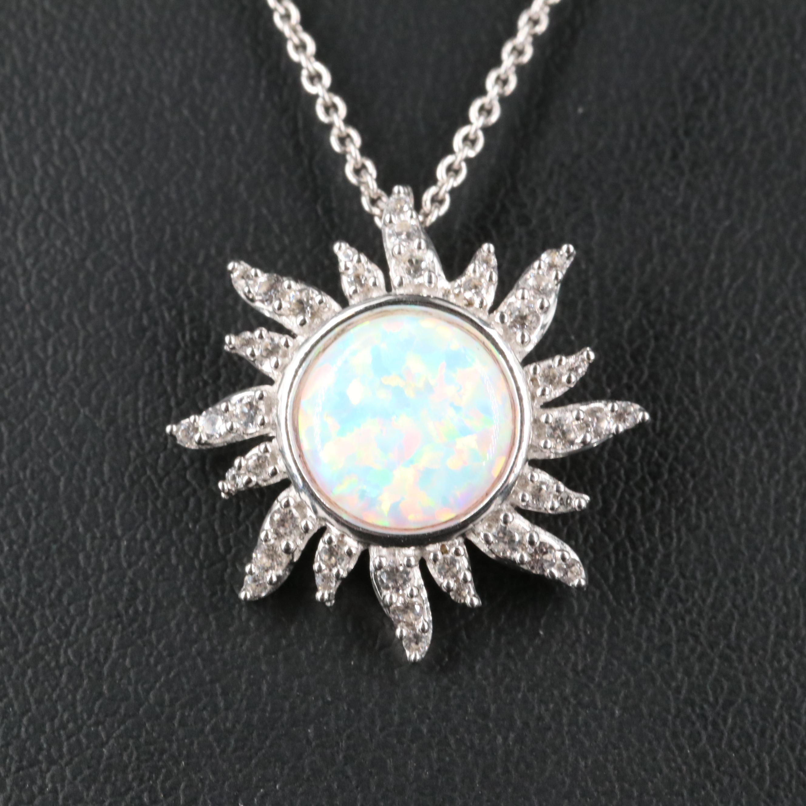Sterling Opal and Sapphire Sunburst Pendant Necklace