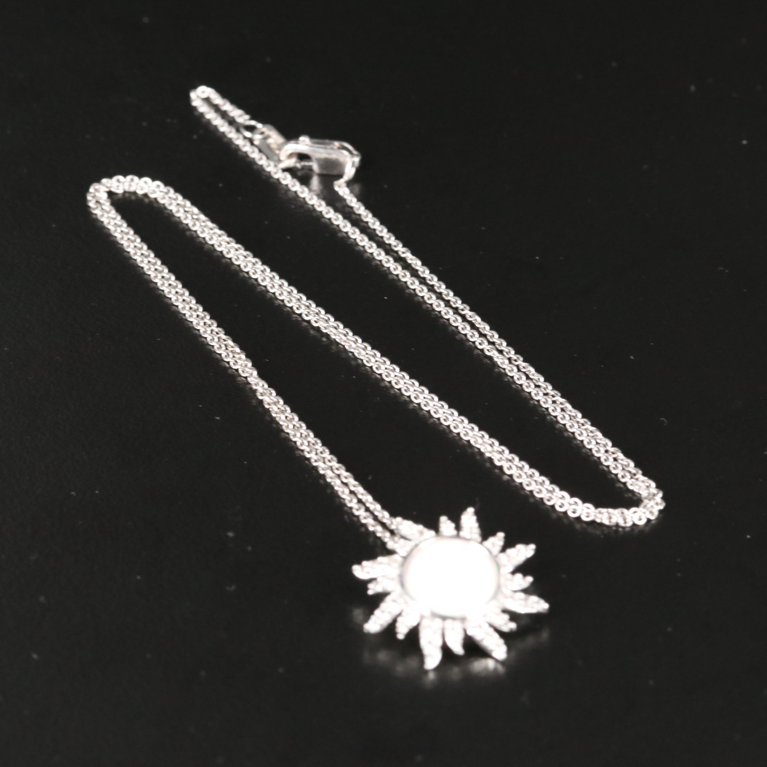 Sterling Opal and Sapphire Sunburst Pendant Necklace