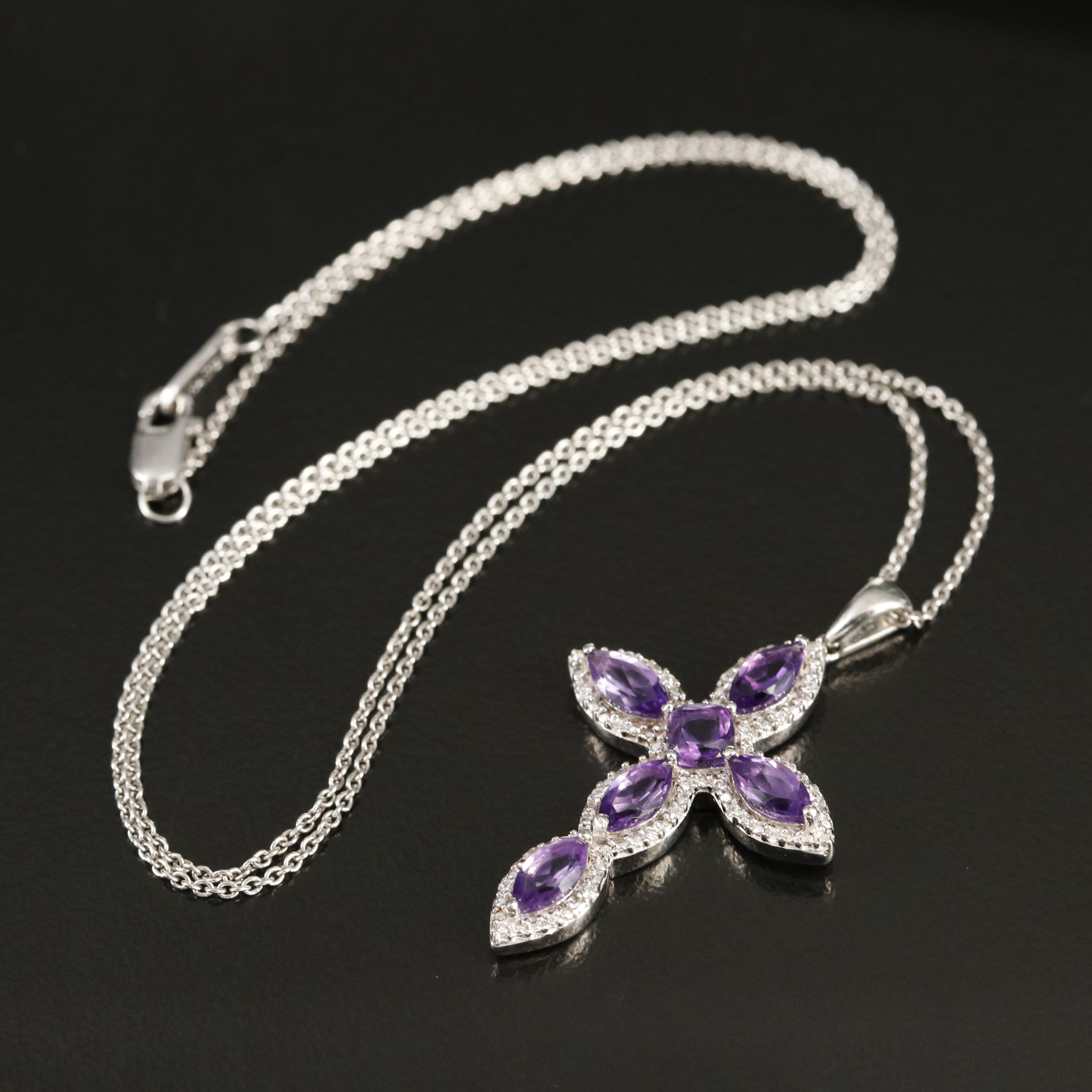 Sterling Amethyst and Cubic Zirconia Cross Pendant Necklace